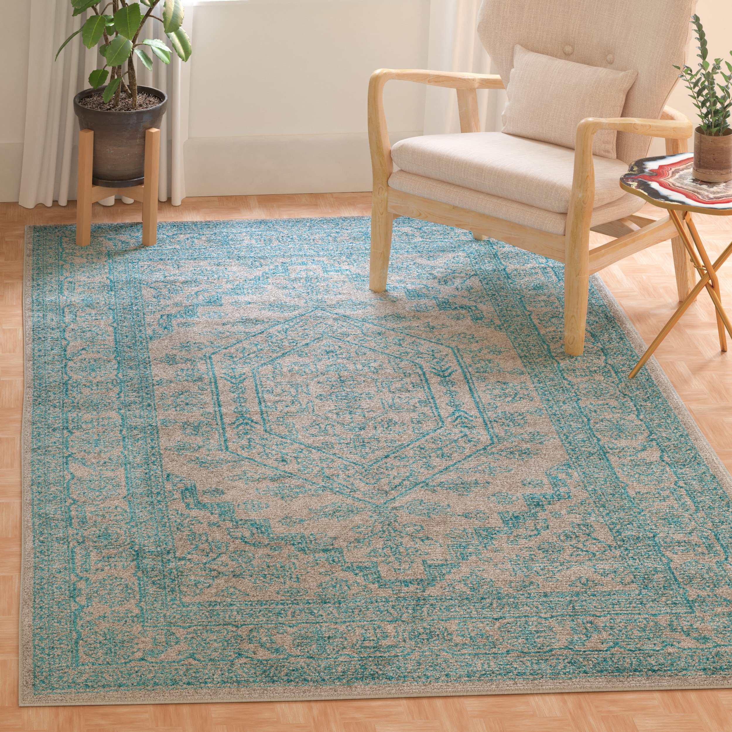 SAFAVIEH Adirondack Collection Accent Rug - 3 x 5, Light Grey & Teal, Oriental Medallion Design, Non-Shedding & Easy Care, Ide