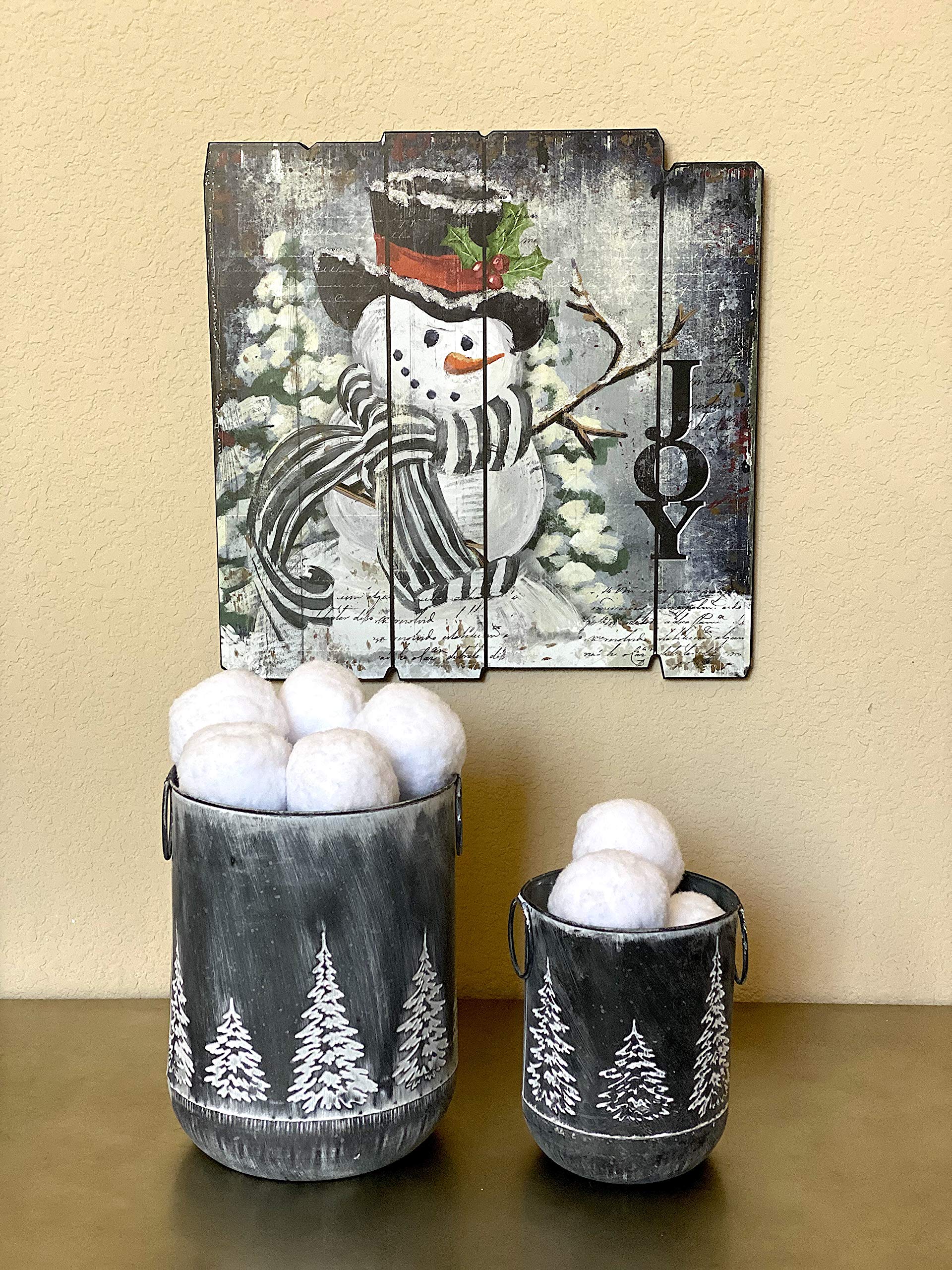 S/2 Winter Christmas Holiday Bucket Container Decor Organizer Silver Tin Metal W Embossed Trees 9'' & 6.5'' H