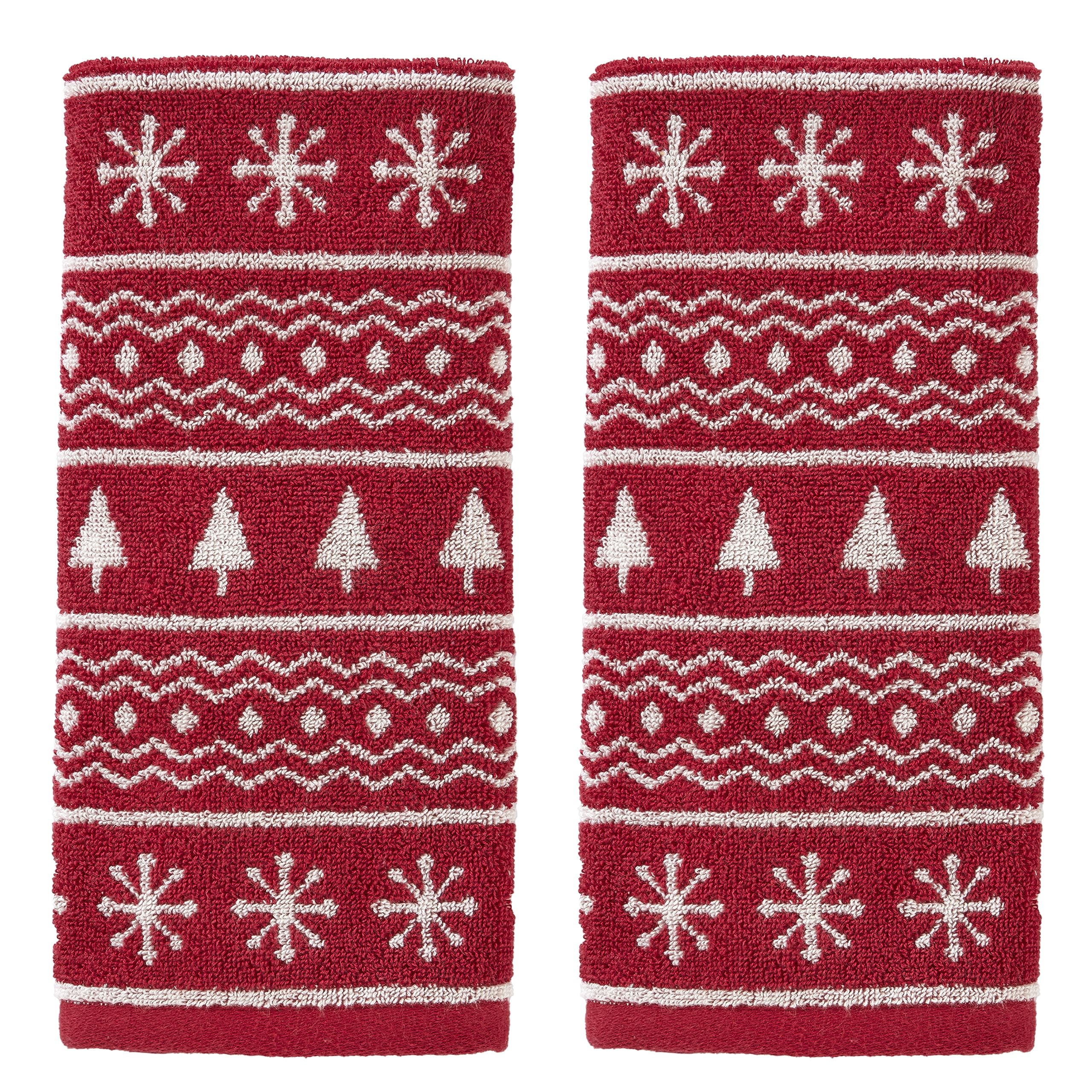 Skl Home Winter/Christmas Fair Isle Hand Towel 2Pc Set For Bath/Kitchen/Bar & Gift, Red