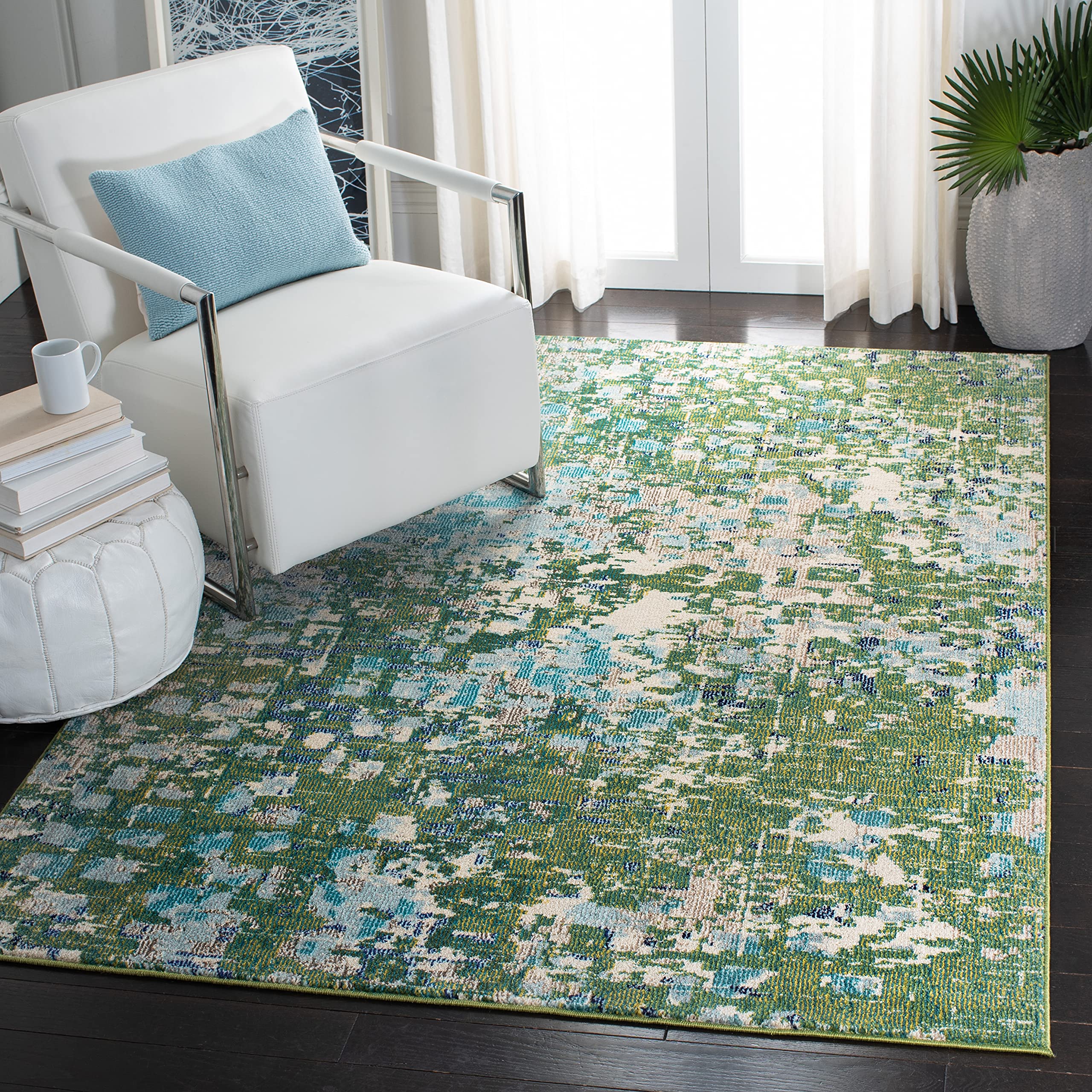 SAFAVIEH Madison Collection 3 Square Green / Turquoise MAD425Y Boho Abstract Distressed Non-Shedding Living Room Bedroom Accent