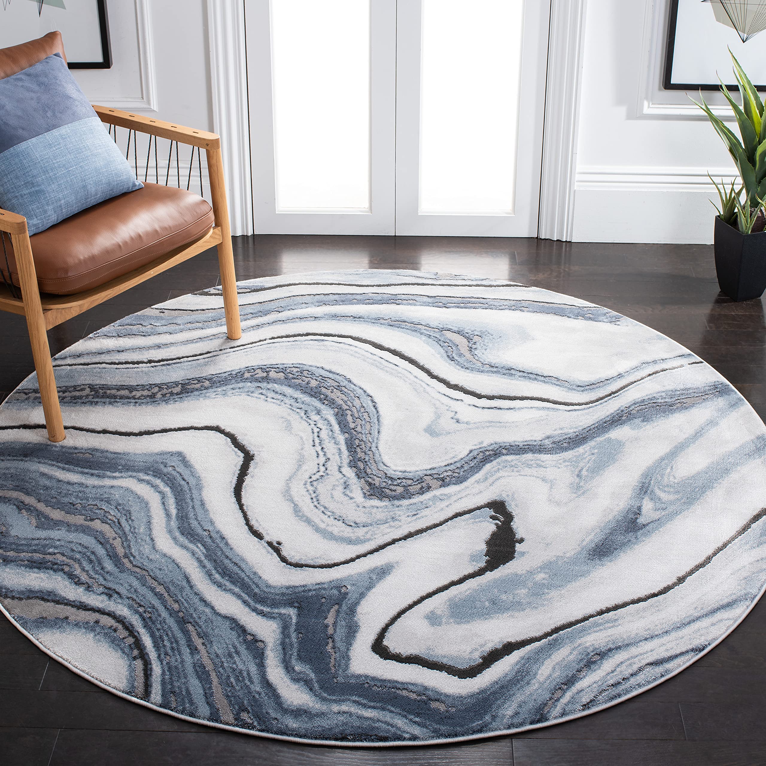 SAFAVIEH Craft Collection Area Rug - 9 Round, Blue & Grey, Modern Abstract Design, Non-Shedding & Easy Care, Ideal for High Tra