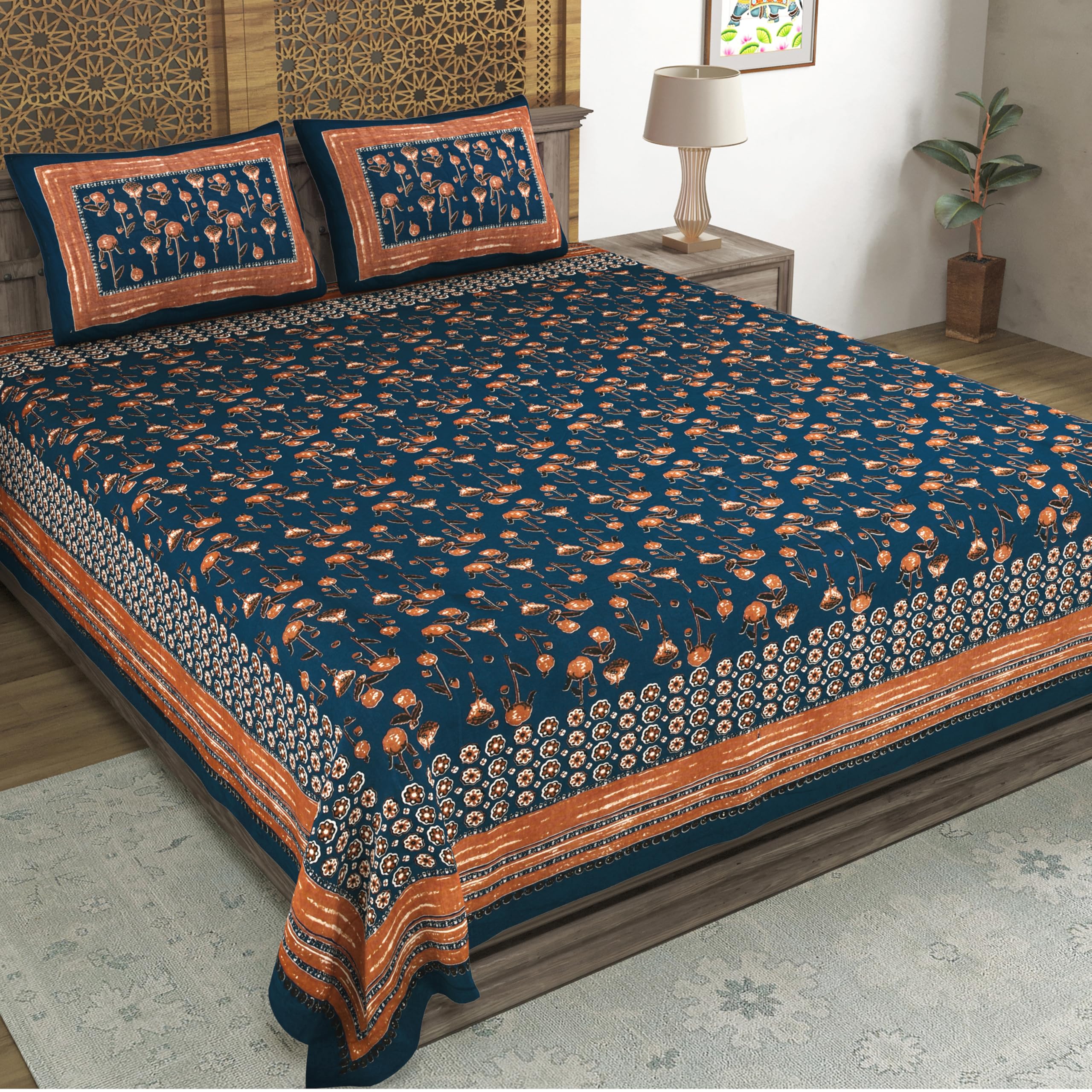 Blocks Of India Hand Block Printed 200 Tc Cotton Super King Size Bedsheet(106 X 106) (Multi 13)