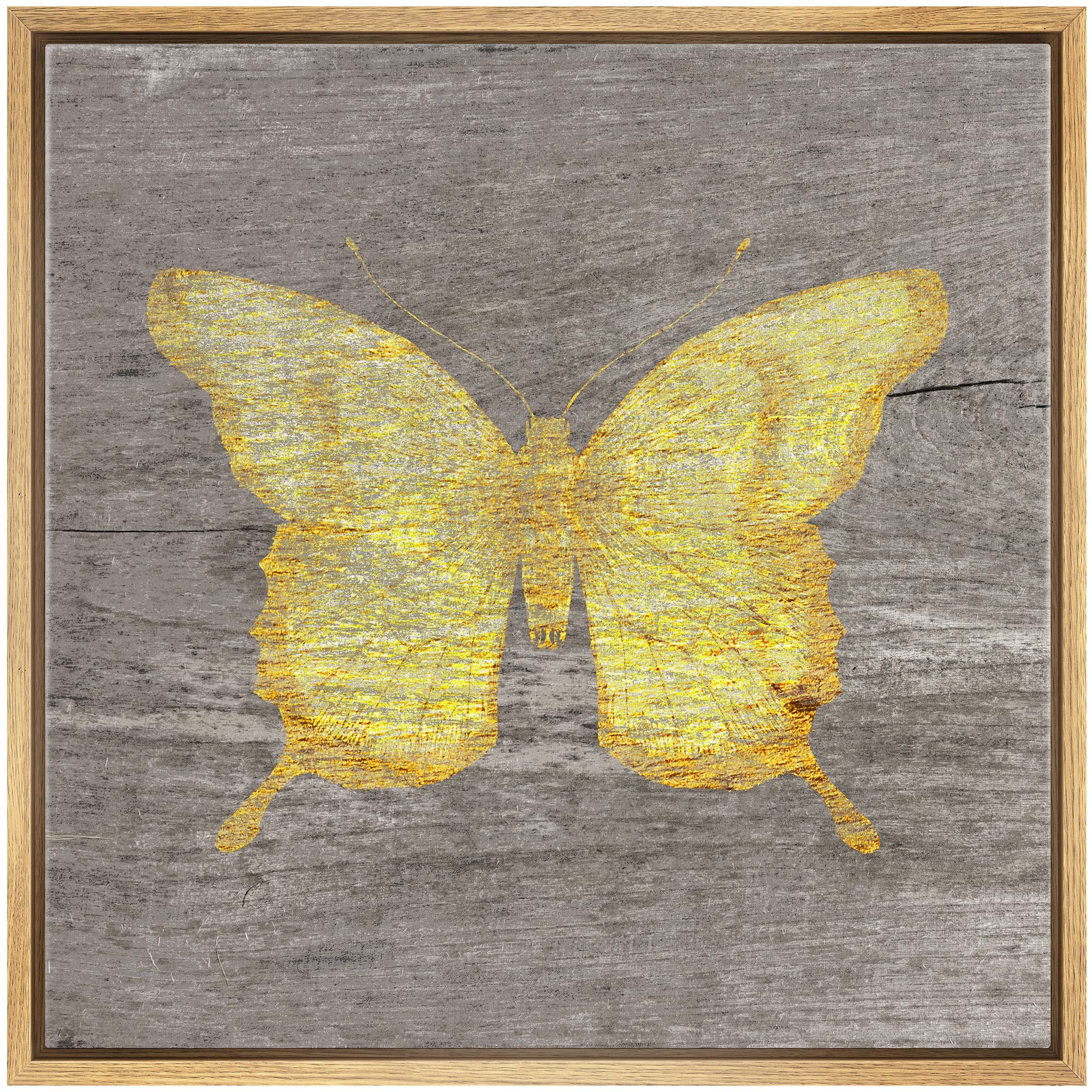 Wall26 Framed Canvas Print Wall Art Yellow Wood Effect Butterfly Nature Plants Wood Panels Modern Art Farmhouse/Country Colorful