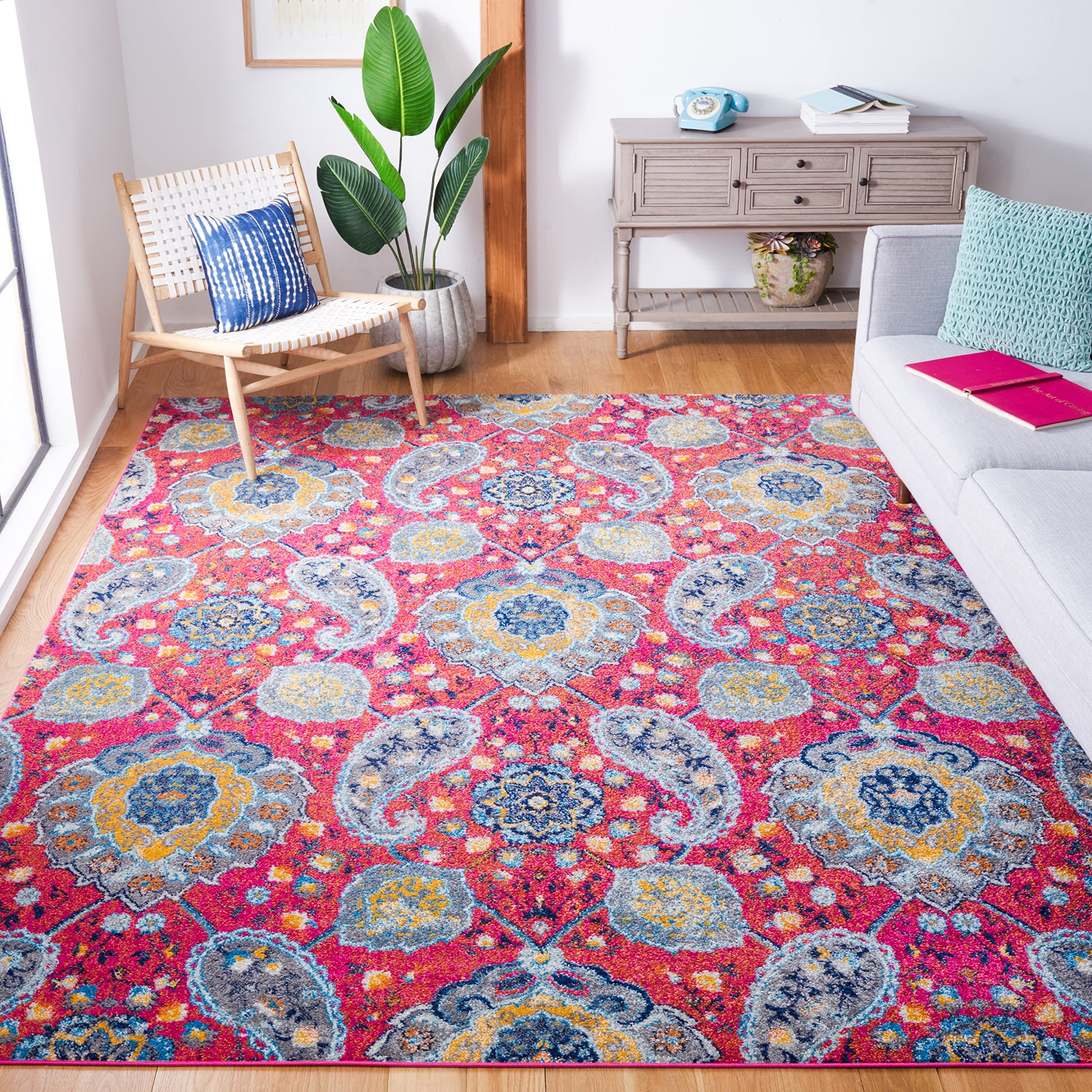SAFAVIEH Madison Collection Area Rug - 10 x 14, Fuchsia & Gold, Boho Chic Glam Paisley Design, Non-Shedding & Easy Care, Ideal