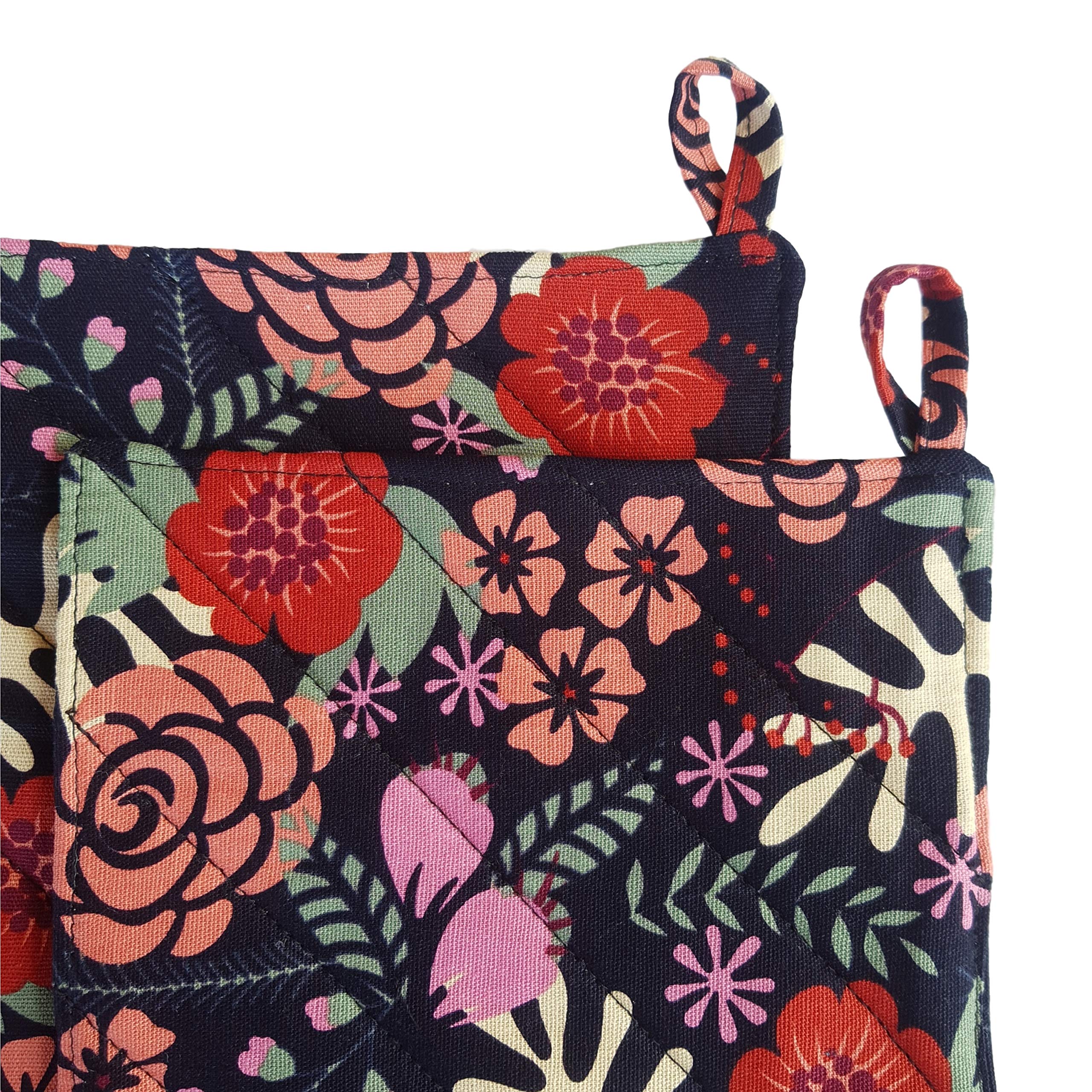 Cushystore Canvas Pot Holder Oven Pads Potholders Navy Blue For Cooking Kitchen 7.75'', 2 Pack (Exotic Flower)