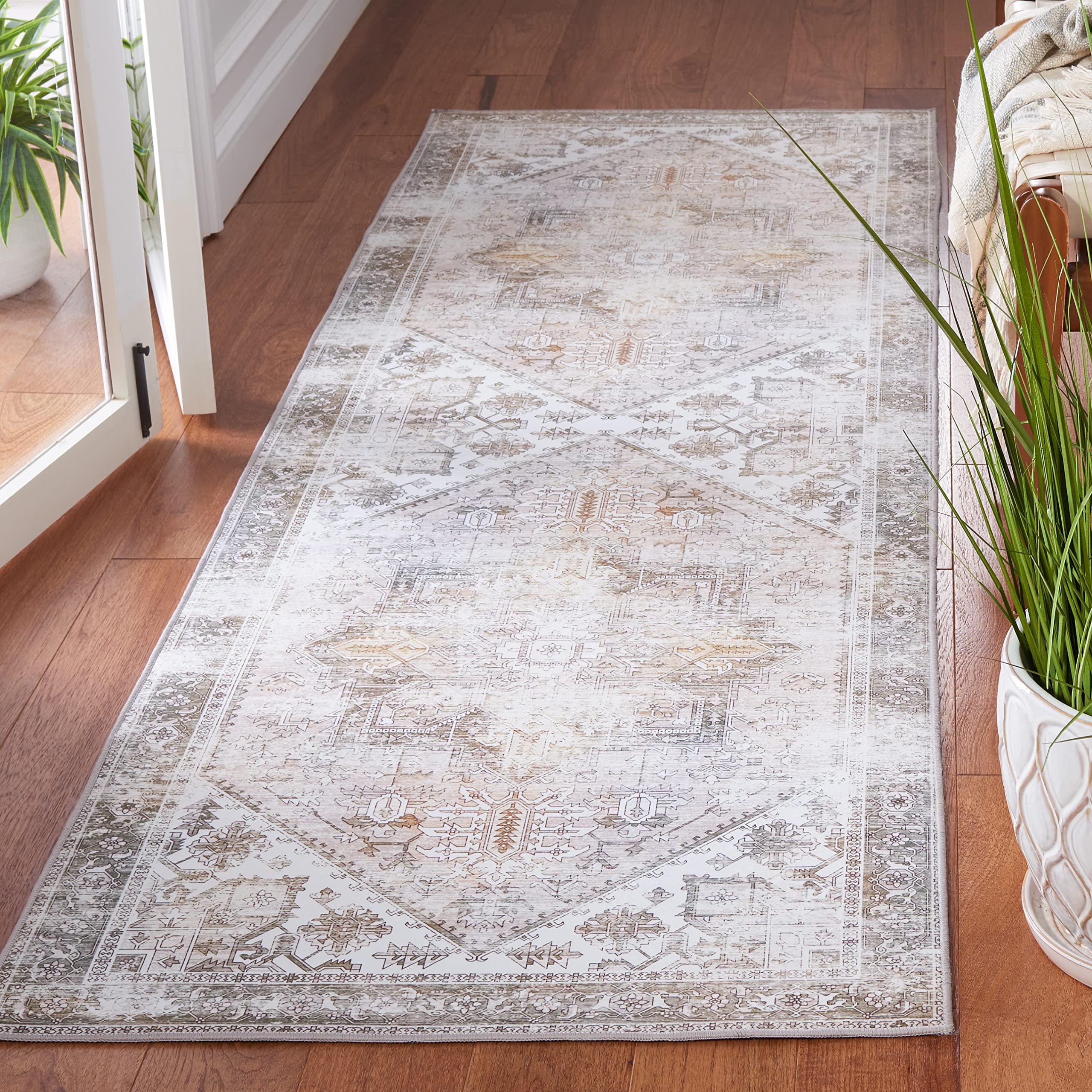 SAFAVIEH Washable Rug Tucson Collection - 26 x 10 Runner, Beige & Grey, Slip Resistant, Ideal for High Traffic Areas in Livin
