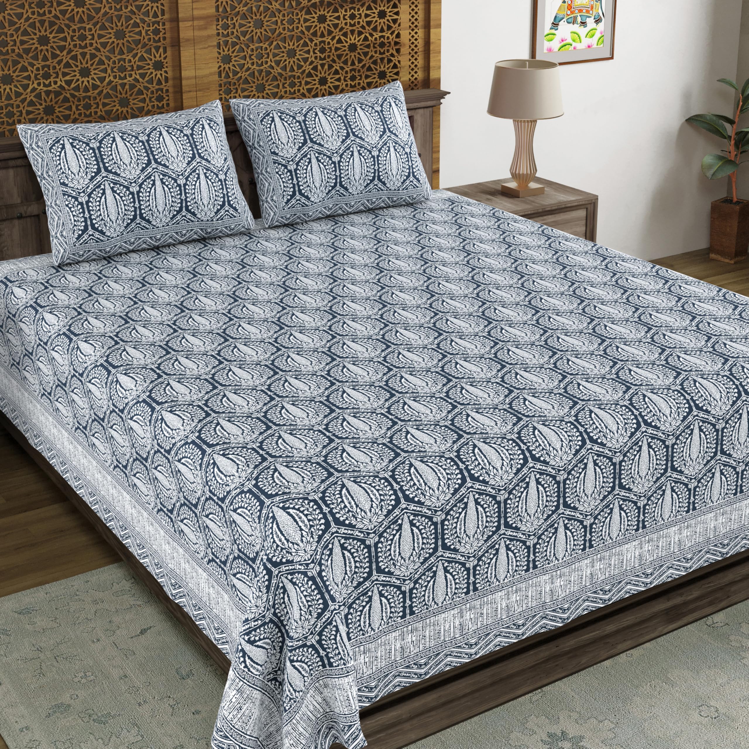 Blocks Of India Hand Block Printed 200 Tc Cotton Super King Size Bedsheet (Blue Pine Tree)