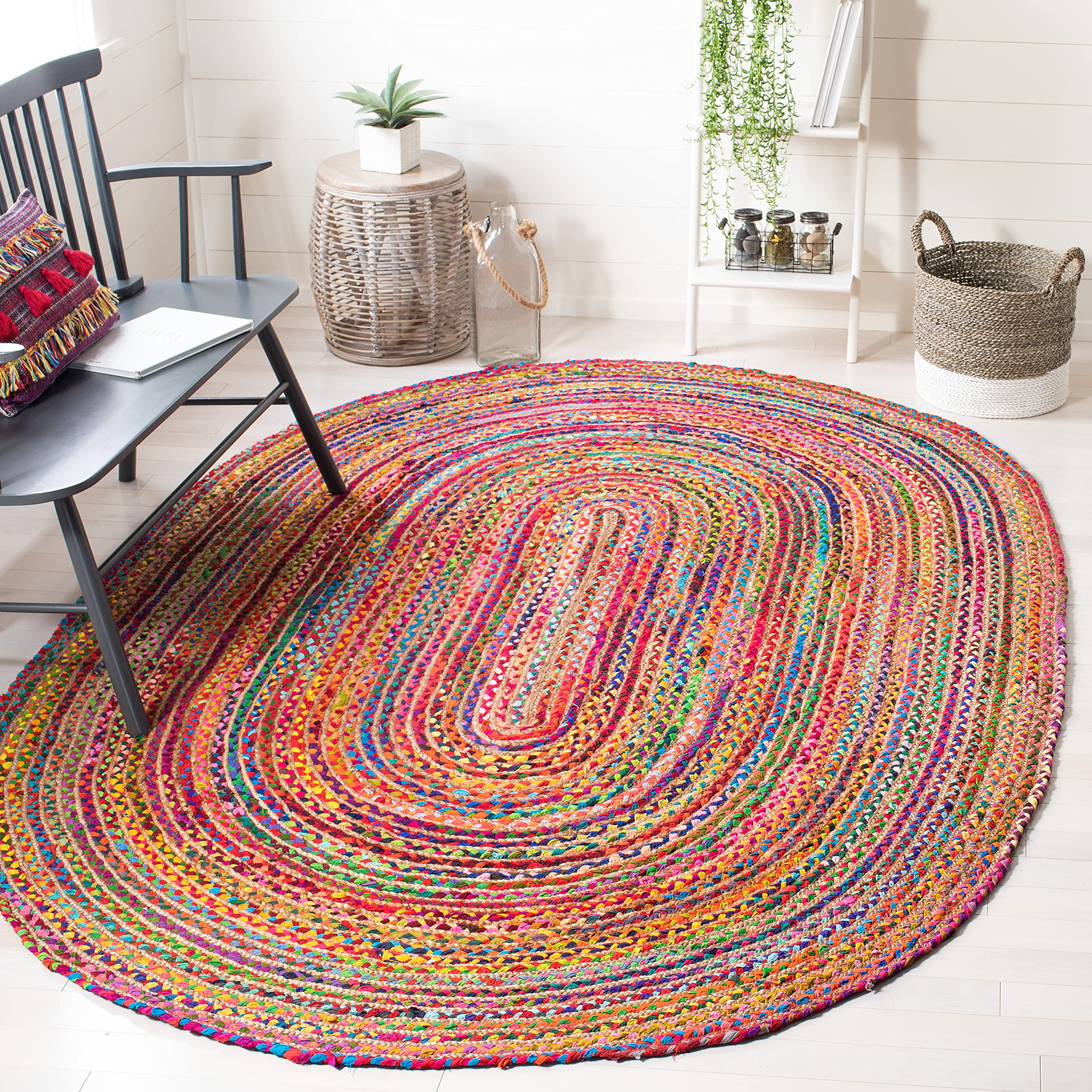 SAFAVIEH Cape Cod Collection Area Rug - 4 x 6 Oval, Red & Multi, Handmade Boho Braided Jute & Cotton, Ideal for High Traffic A