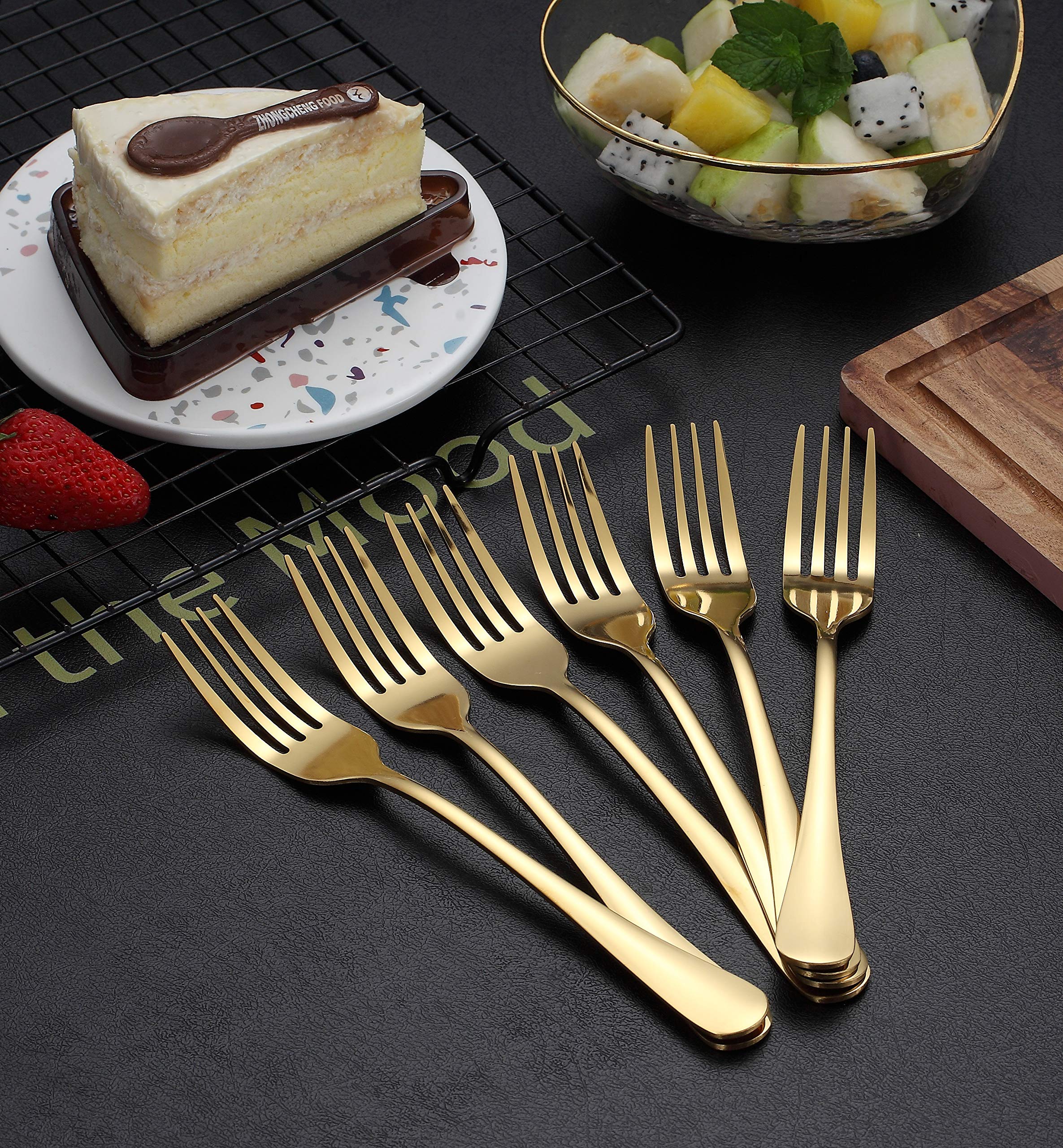 Kyraton Gold Dinner Fork 6 Pieces, Stainless Steel 8.17 Inch Forks Gold Titanium Plating Wedding Silverware, Gold Forks Set Of 6