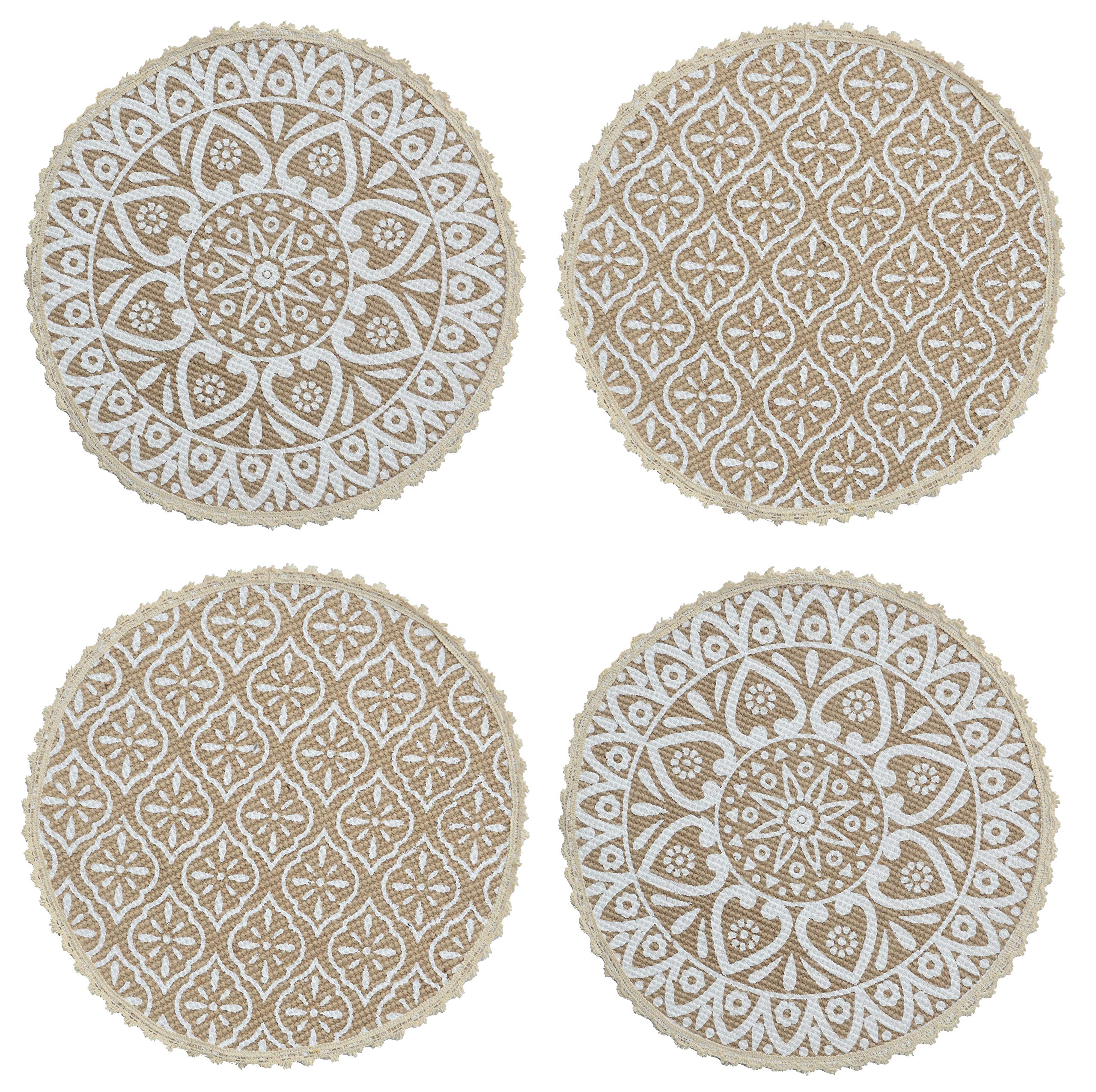 SARAL HOME EASY LIVING White Jute & Cotton Printed Round Table Mat - Pack of 4 PC, 38x38 cm
