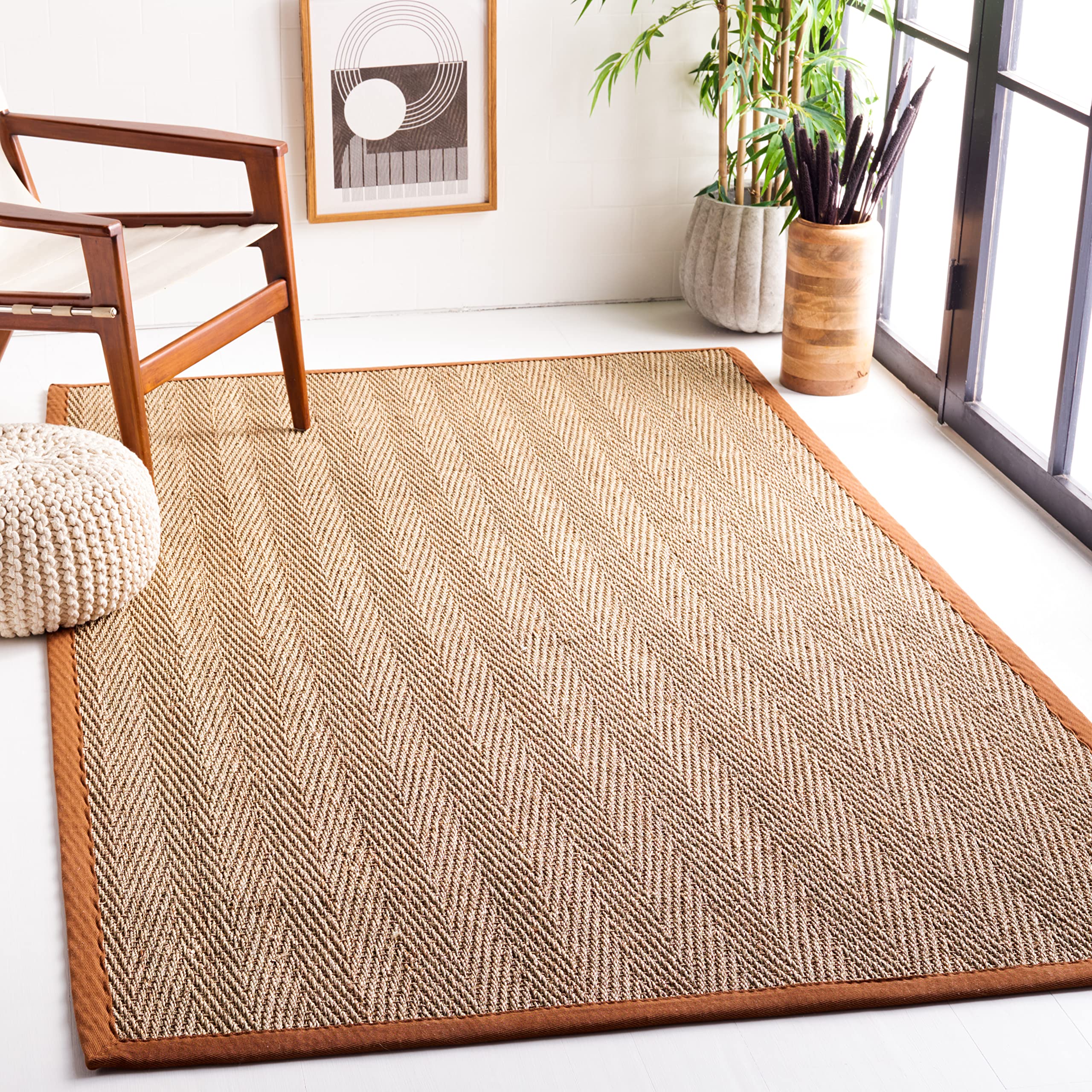 SAFAVIEH Natural Fiber Collection Area Rug - 6 x 9, Natural & Brown, Border Herringbone Seagrass Design, Easy Care, Ideal for 
