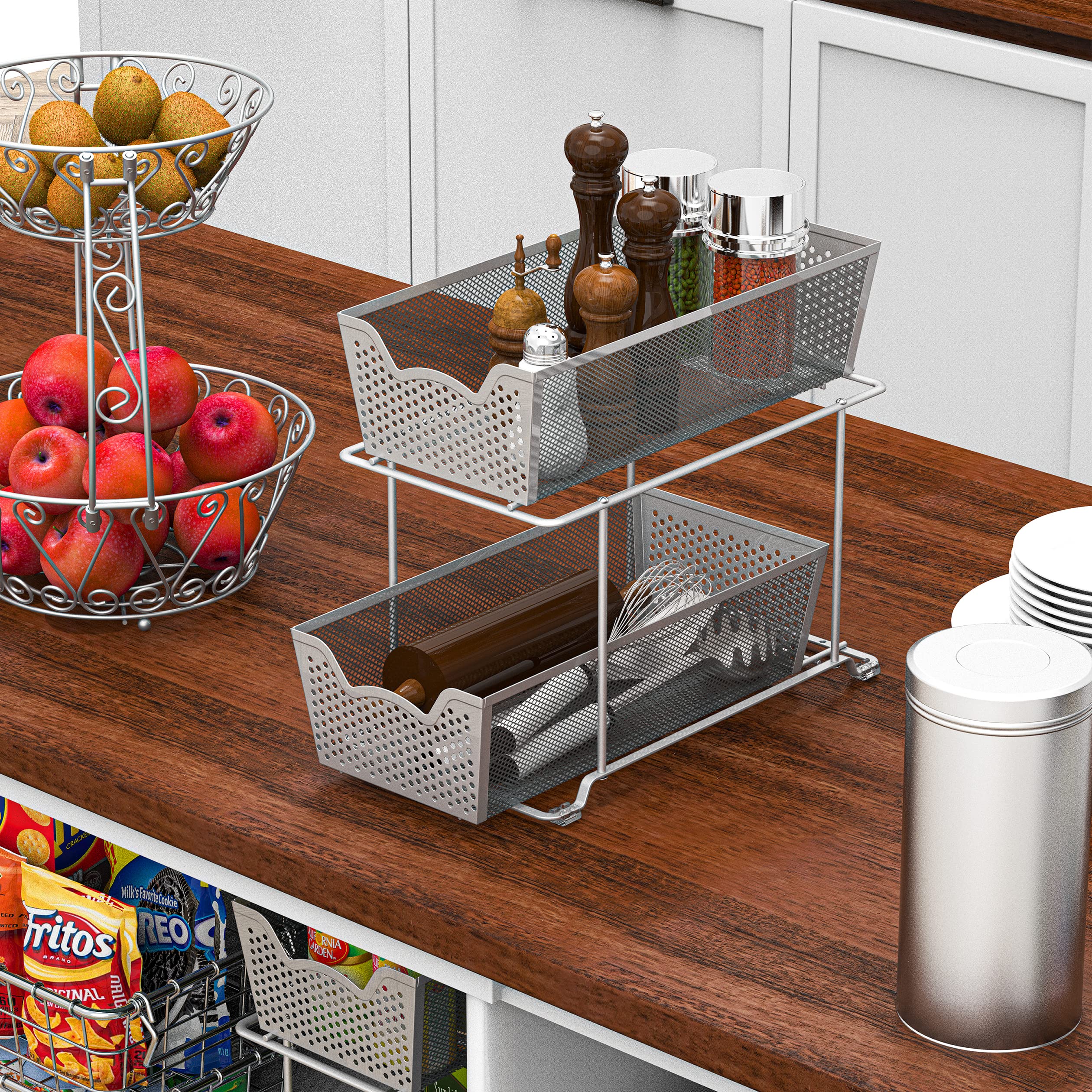 2 Pack - SimpleHouseware Cabinet 2 Tier Perforated Basket Drawer  Grey