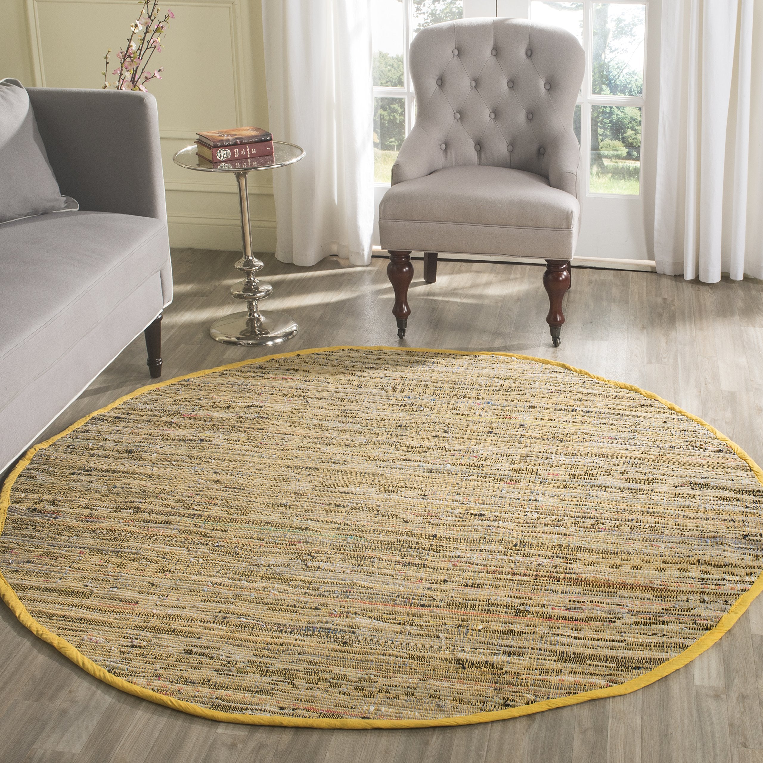 SAFAVIEH Rag Rug Collection 4 Round Yellow / Multi RAR121H Handmade Boho Stripe Cotton Area Rug
