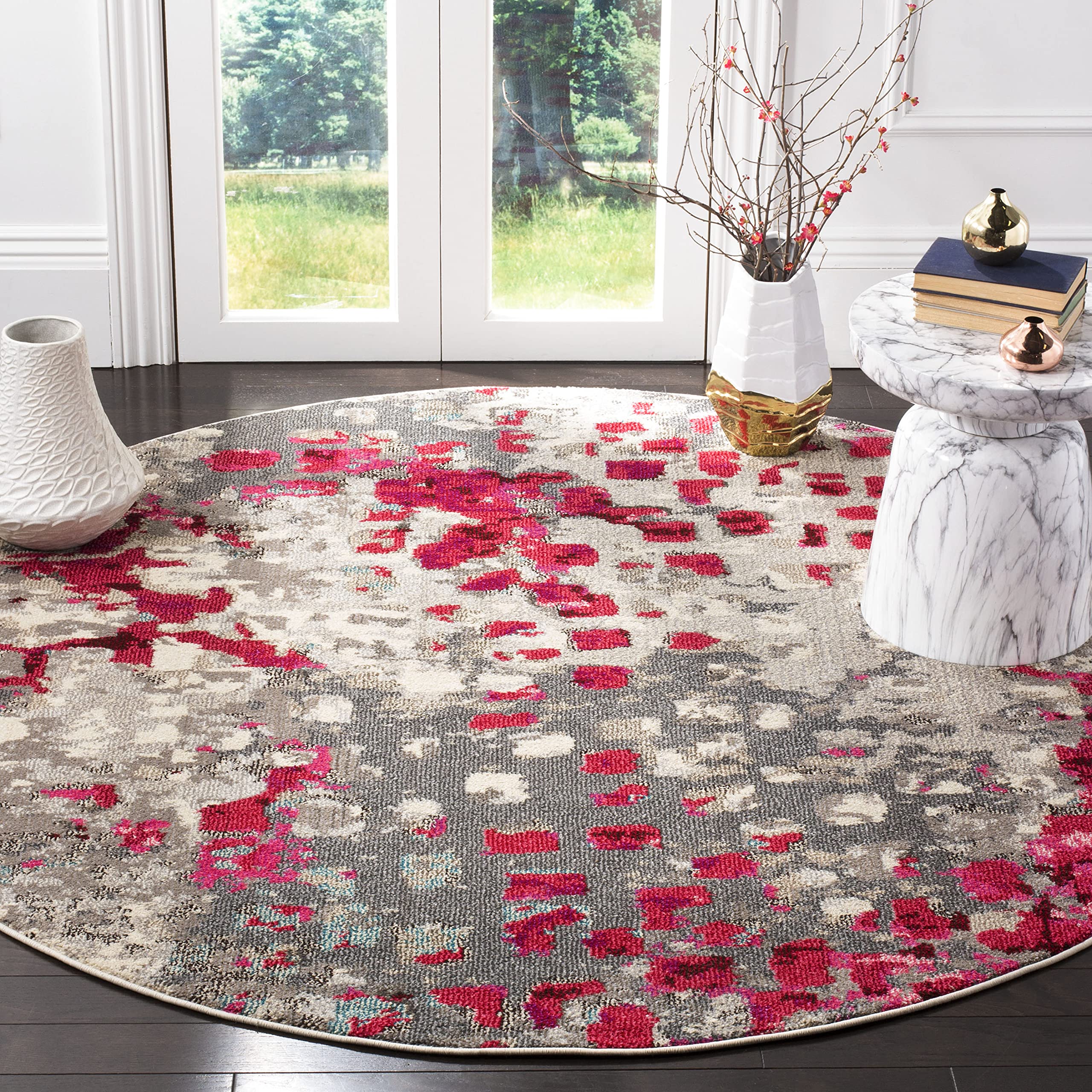 SAFAVIEH Monaco Collection 67 Round Grey/Fuchsia MNC225R Boho Chic Abstract Watercolor Non-Shedding Dining Room Entryway Foyer 