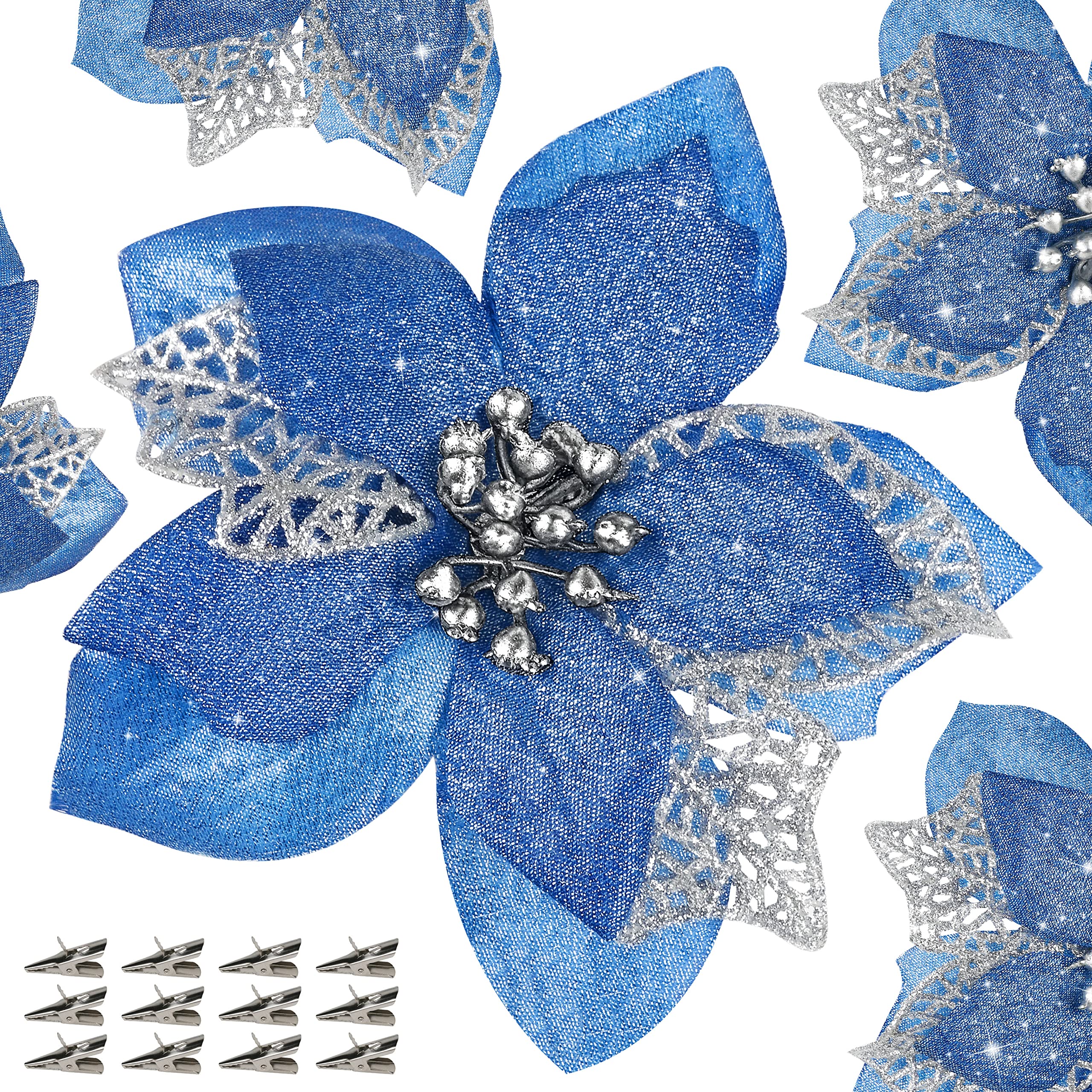 12 PCS Poinsettia Flower Artificial Poinsettia Christmas Decoration 5.9 Blue Glitter Poinsettias Christmas Ornaments Christmas