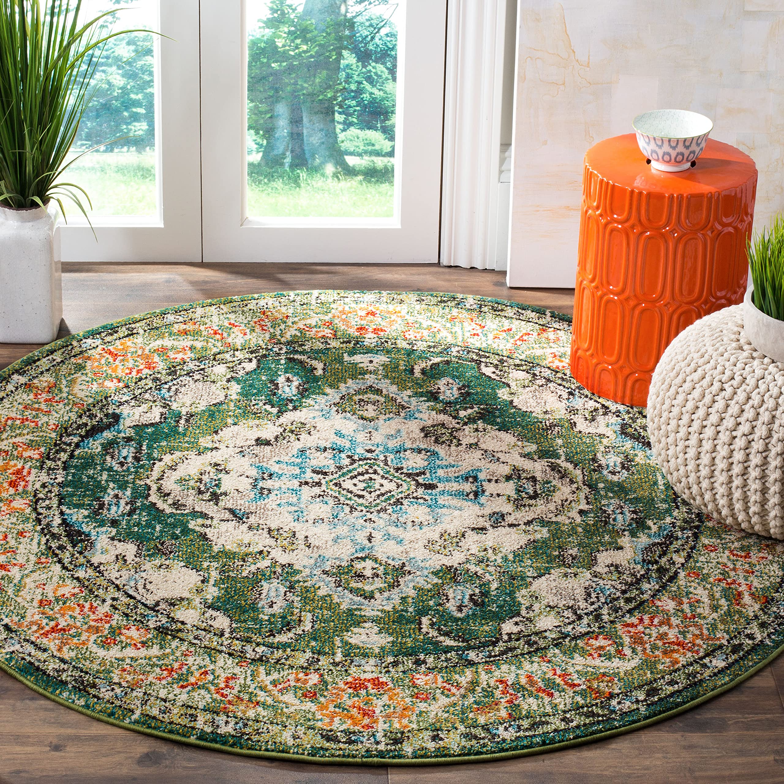 SAFAVIEH Monaco Collection Area Rug - 8 Round, Forest Green & Light Blue, Boho Medallion Distressed Design, Non-Shedding & Easy