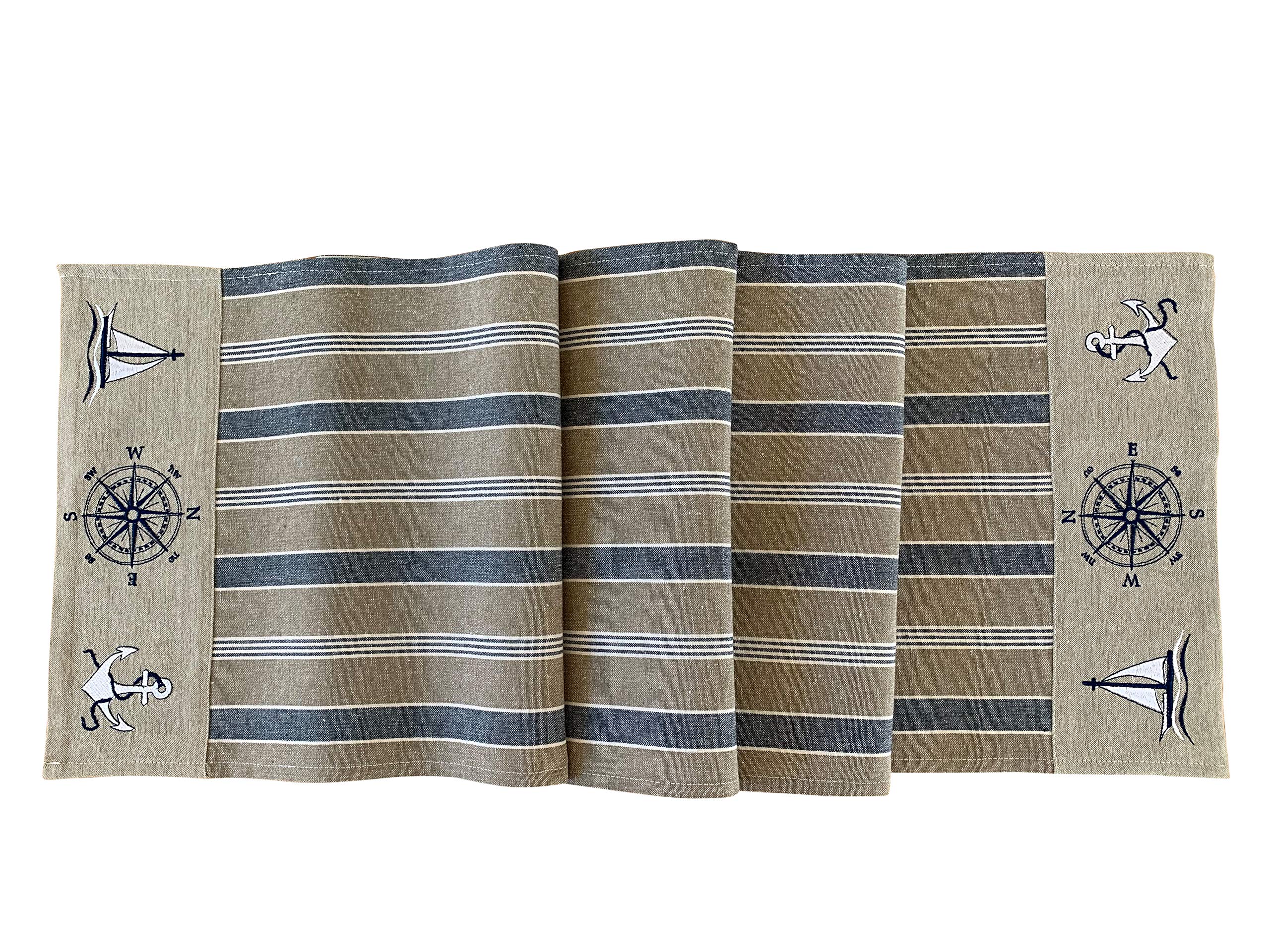 Nautical Table Runner - Cotton Decorative Embroidered Design - Natural, Navy Blue and White - Boat Compass Anchor (72 Inch)