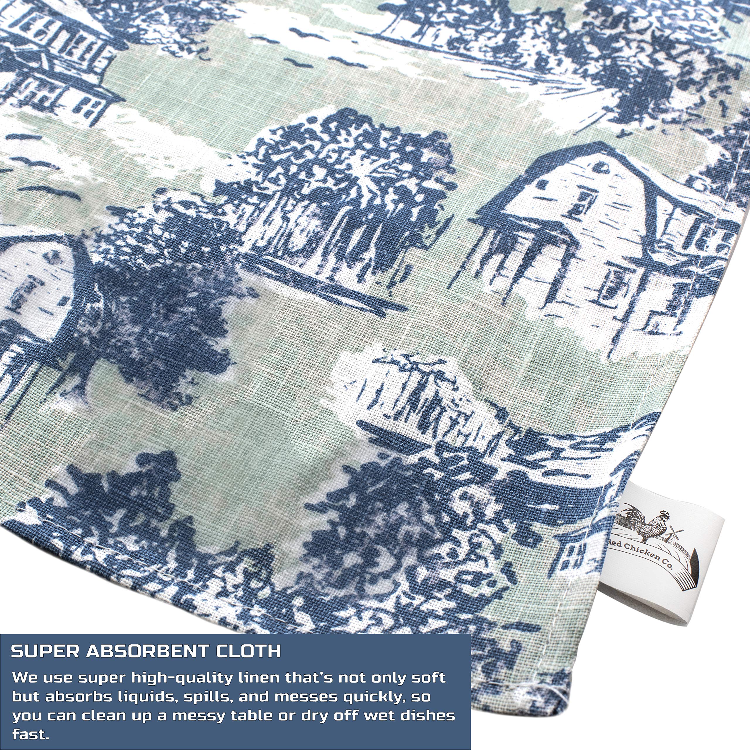 Kitchenvia Red Chicken Co. Linen Tea Towel Set - Rustic Farmhouse Pattern, Soft And Durable For Kitchen Cleaning And Dining