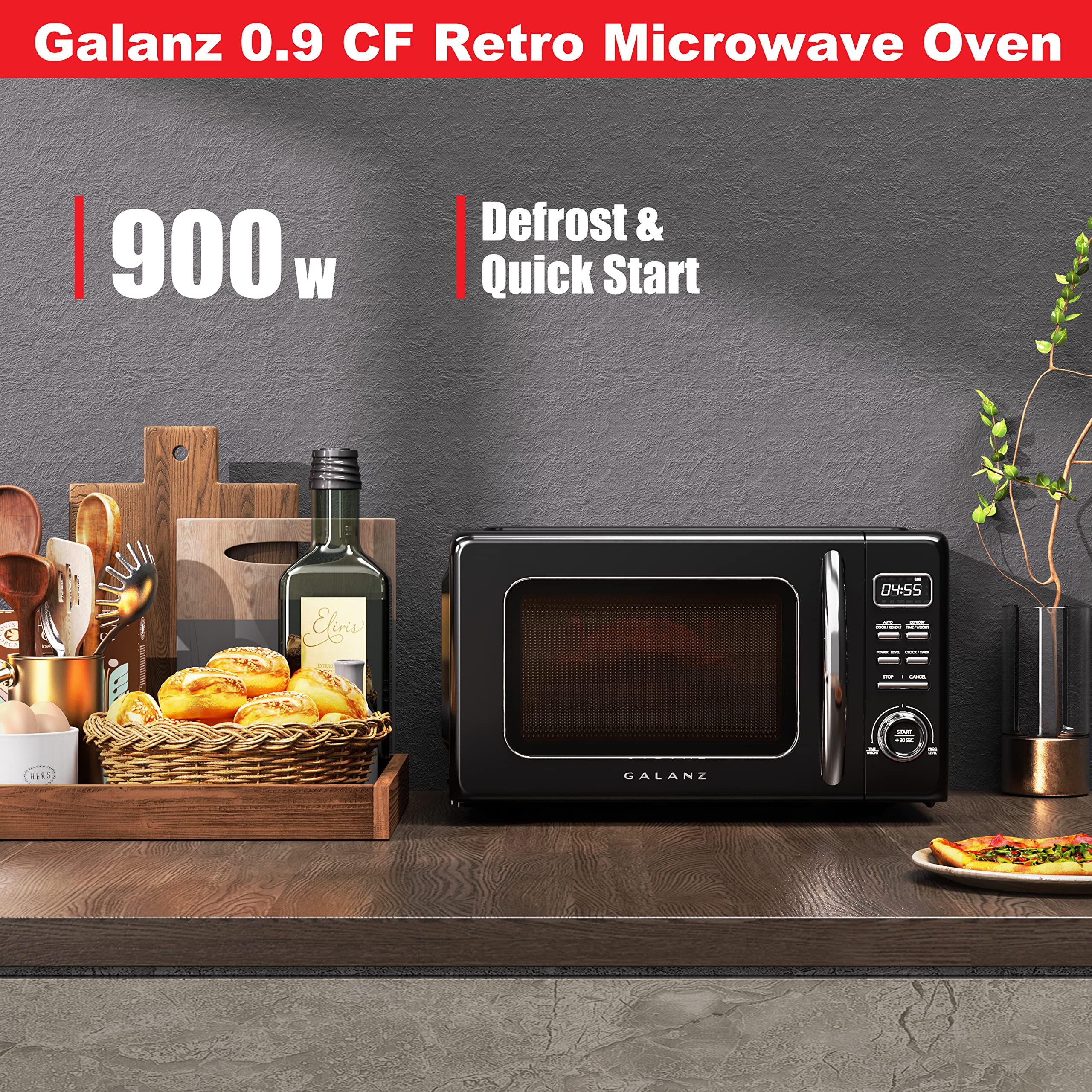 Galanz Glcmkz09Bkr09 Retro Countertop Microwave Oven With Auto Cook & Reheat, Defrost, Quick Start Functions, Easy Clean With Gl