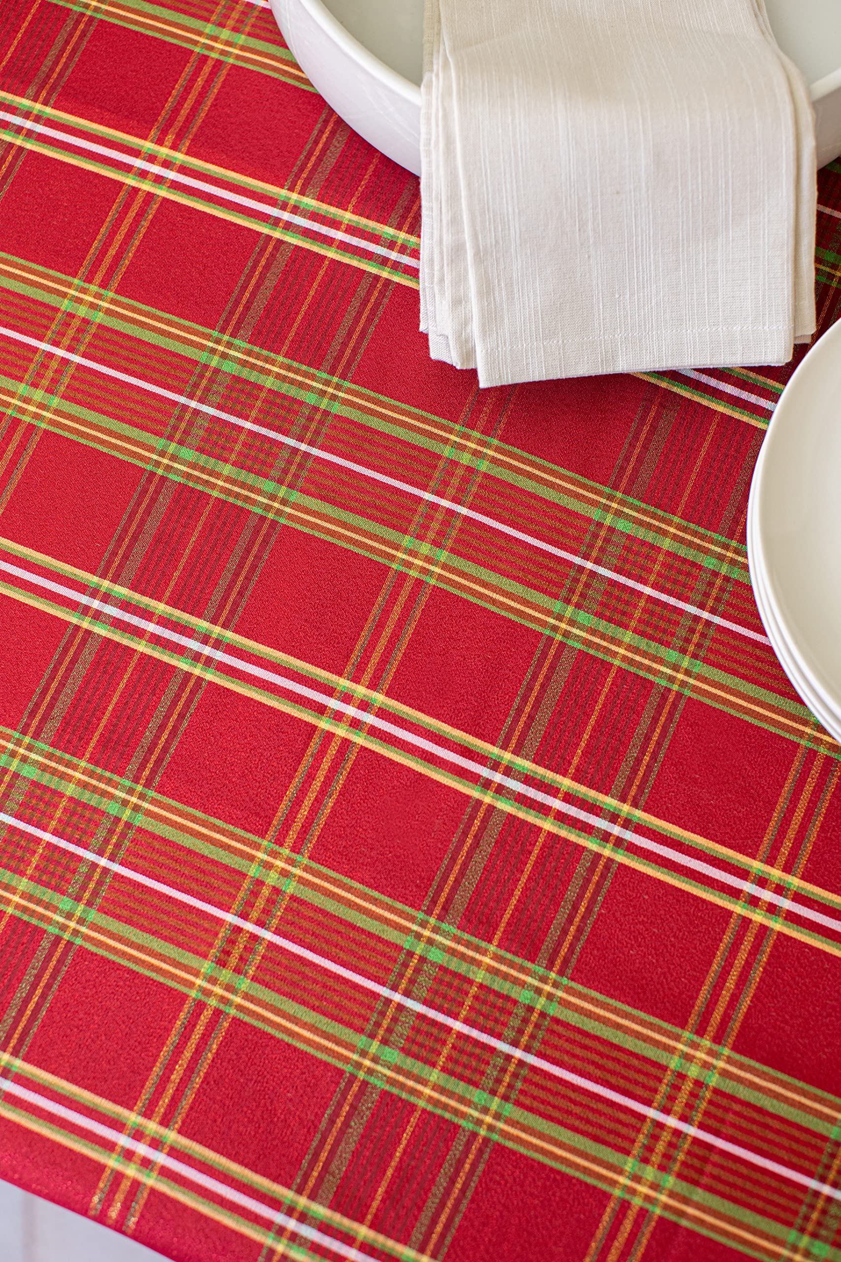 Benson Mills Christmasville Plaid Metallic Fabric Christmas Table Cloth, Winter, Holiday And Christmas Tablecloth (60'' X 104''