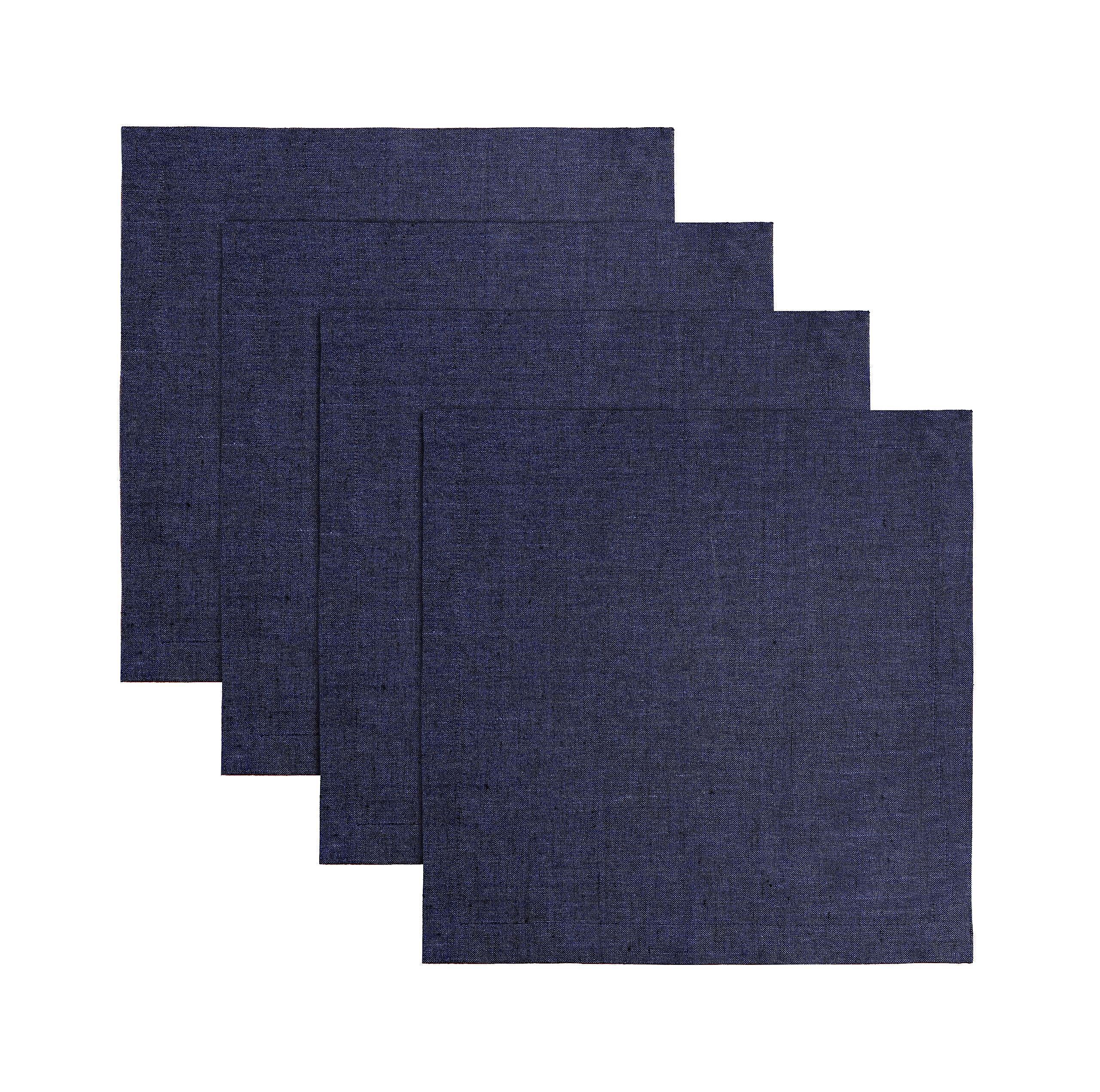 Solino Home Linen Square Placemats 14 x 14 Inch - 100% Pure Linen Chambray Navy Cloth Placemats Set of 4 - Athena, Washable Fabr