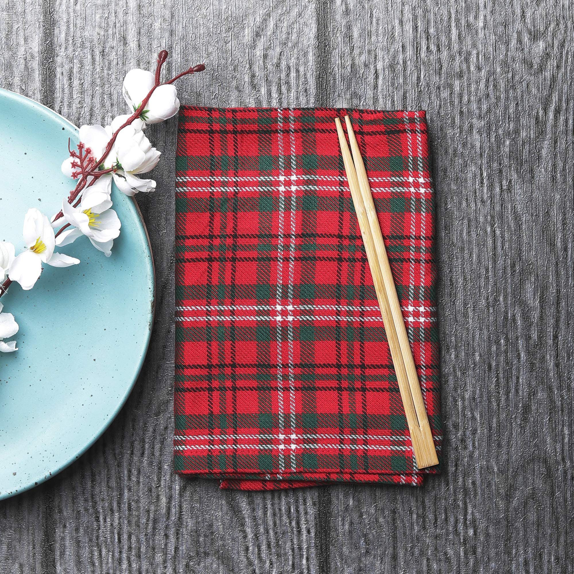 DG Collections Dinner Napkins  100% Cotton Over Sized Kitchen Napkins  Set of 12 Pack (19 x 19 Inch) Red & Green Plaid for Christmas and Thanksgiving with Mitered Corner and Lint Free