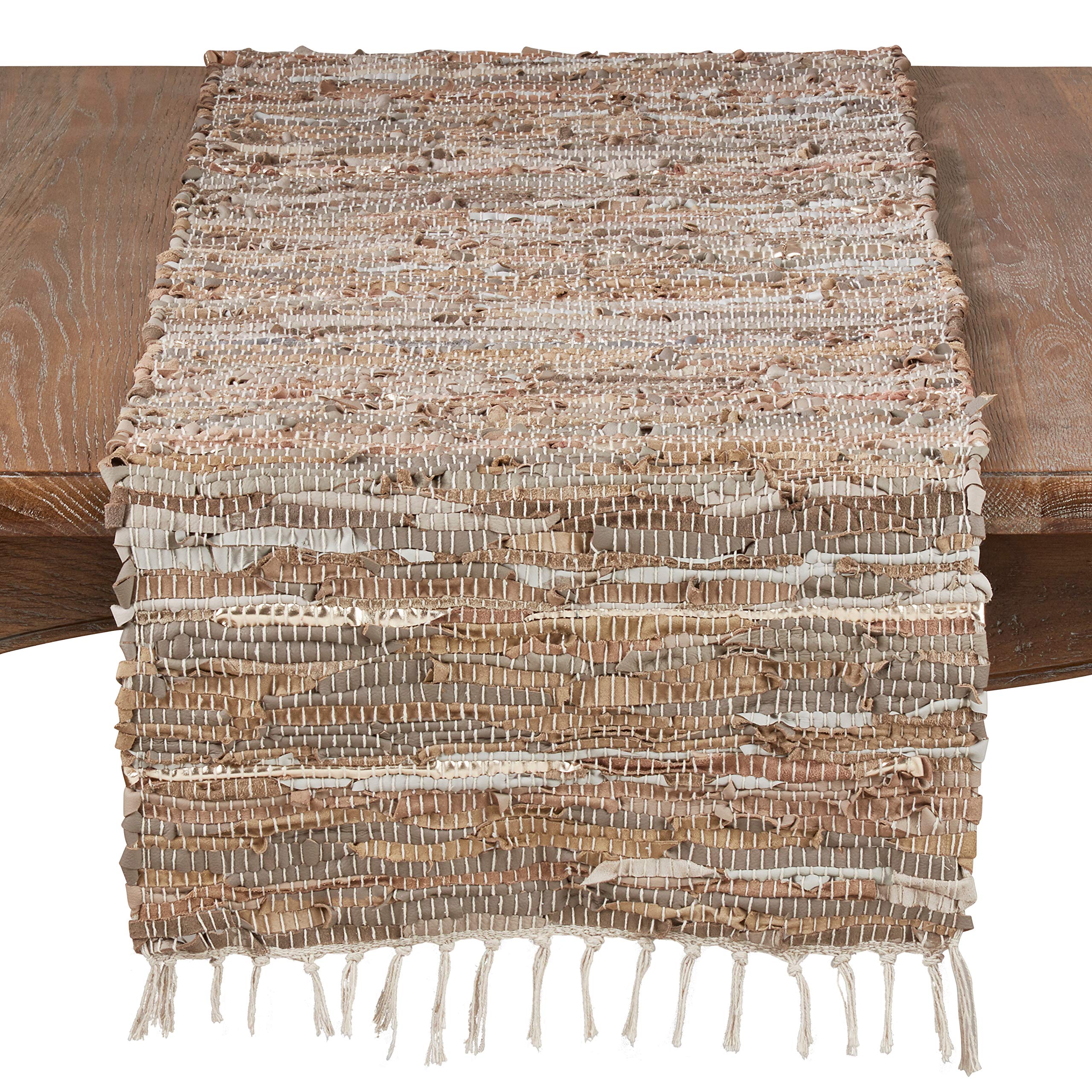 SARO LIFESTYLE Leather Chindi Table Runner, Natural, 16 x 72