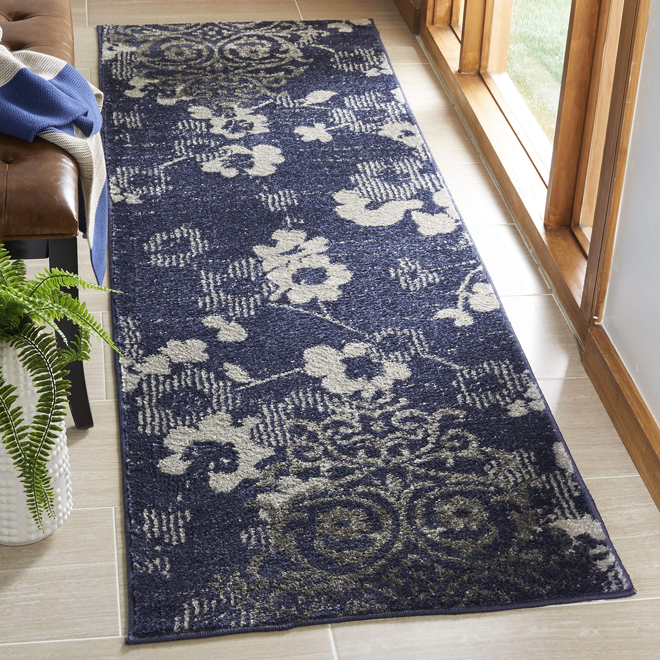 SAFAVIEH Adirondack Collection Runner Rug - 26 x 12, Navy & Silver, Floral Glam Damask Distressed Design, Non-Shedding & Easy 