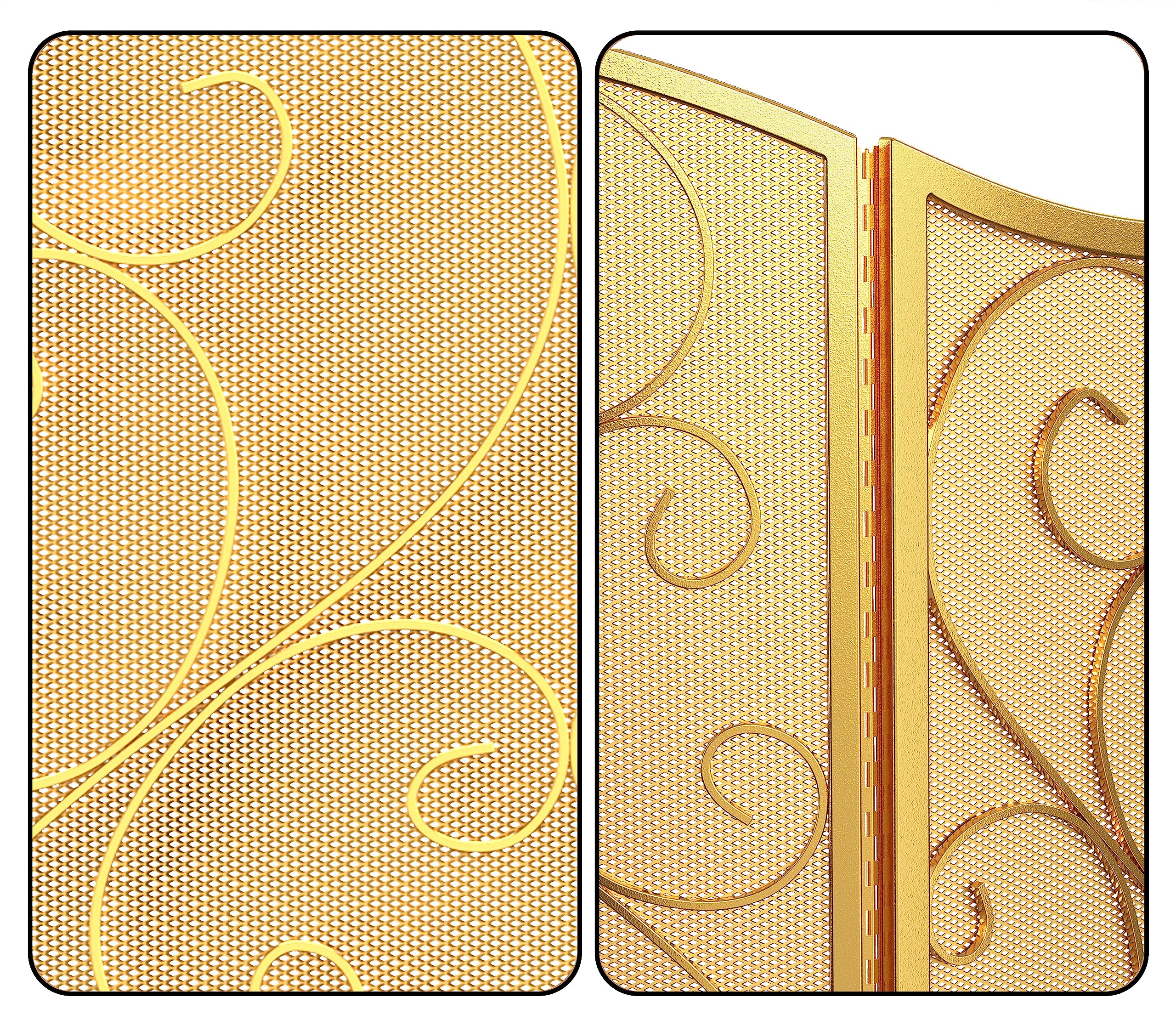 Fire Beauty Fireplace Screen 3 Panel Wrought Iron Metal 48(L) x30(H) Spark Guard Cover(Golden Dusting)