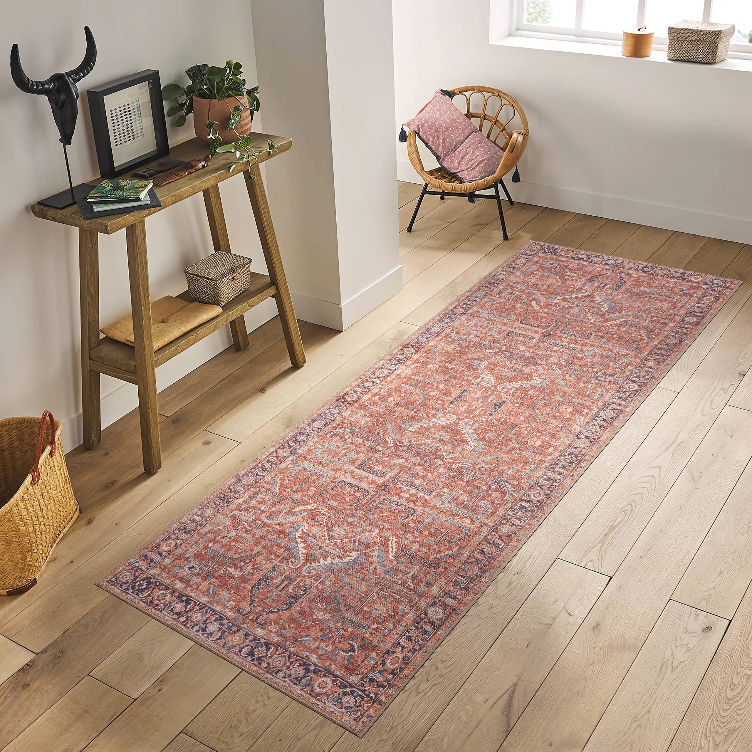 GLN Rugs Stain Resistant Machine Washable Area Rug - Vintage Persian Boho Distressed Aesthetic - Non-Slip Backing - Indoor Floor