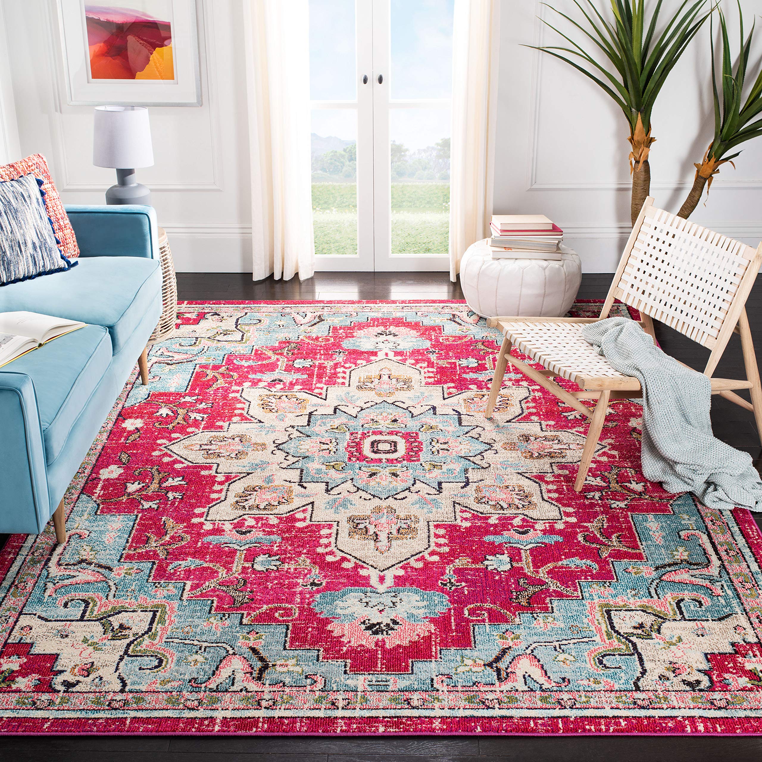 SAFAVIEH Madison Collection Area Rug - 5 Square, Fuchsia & Blue, Boho Chic Medallion Distressed Design, Non-Shedding & Easy Car