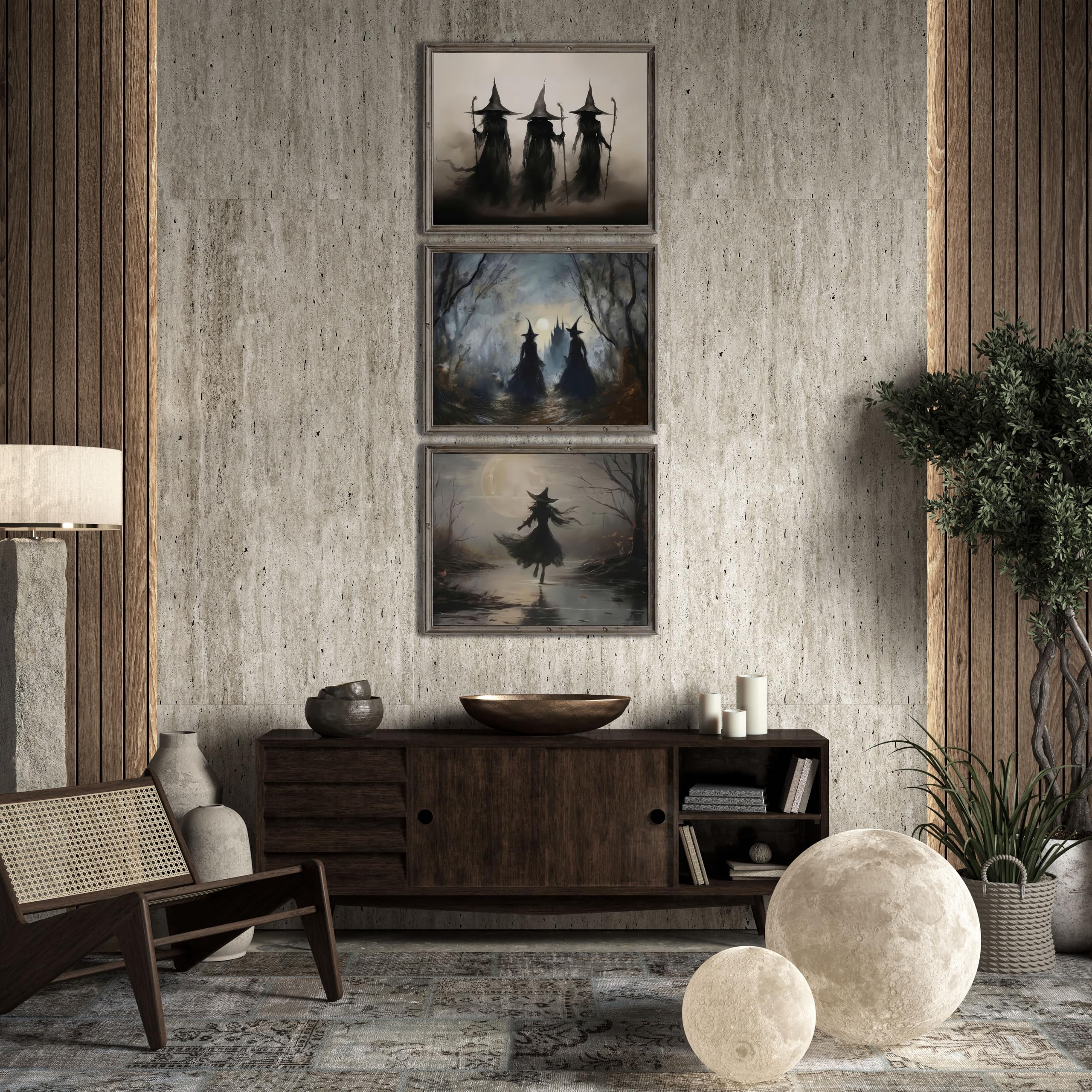 Lanchi95 3 Pcs 8X10In Vintage Rustic Witch Posters Halloween Wall Art Witch In The Forest Painting Prints Goth Dark Moody Wall D