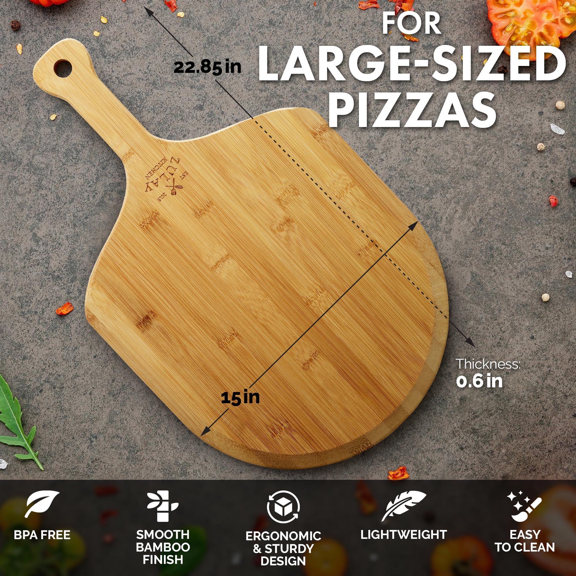 Zulay Kitchen Wooden Pizza Peel - Large 15'' Pizza Paddle With Extra Long Handles - Authentic Natural Bamboo Easy Glide Edges &