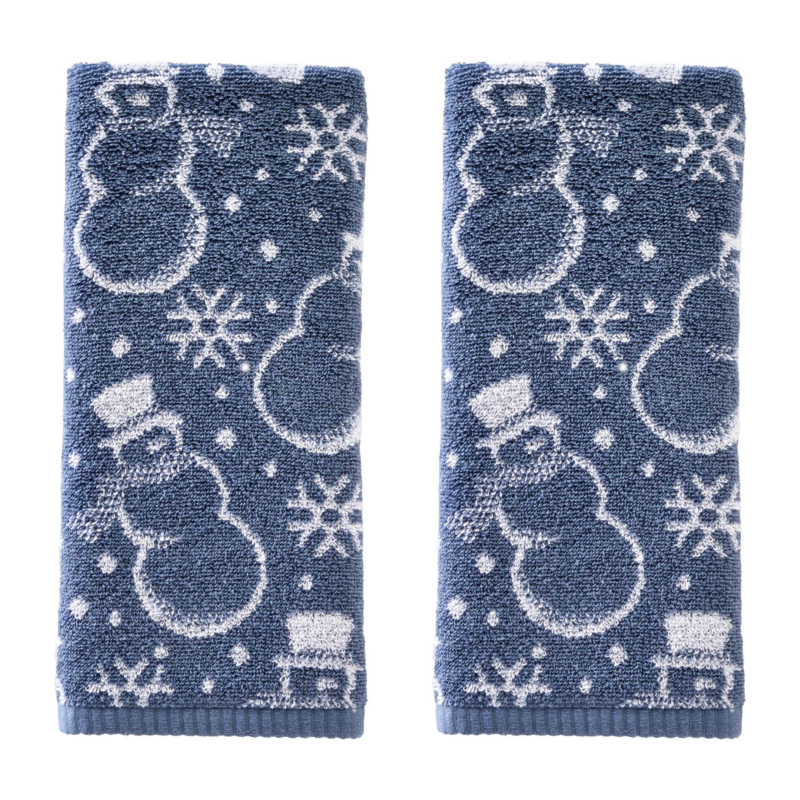 Skl Home Winter/Christmas Top Hat Snowmen Hand Towel 2Pc Set For Bath/Kitchen/Bar & Gift, Blue