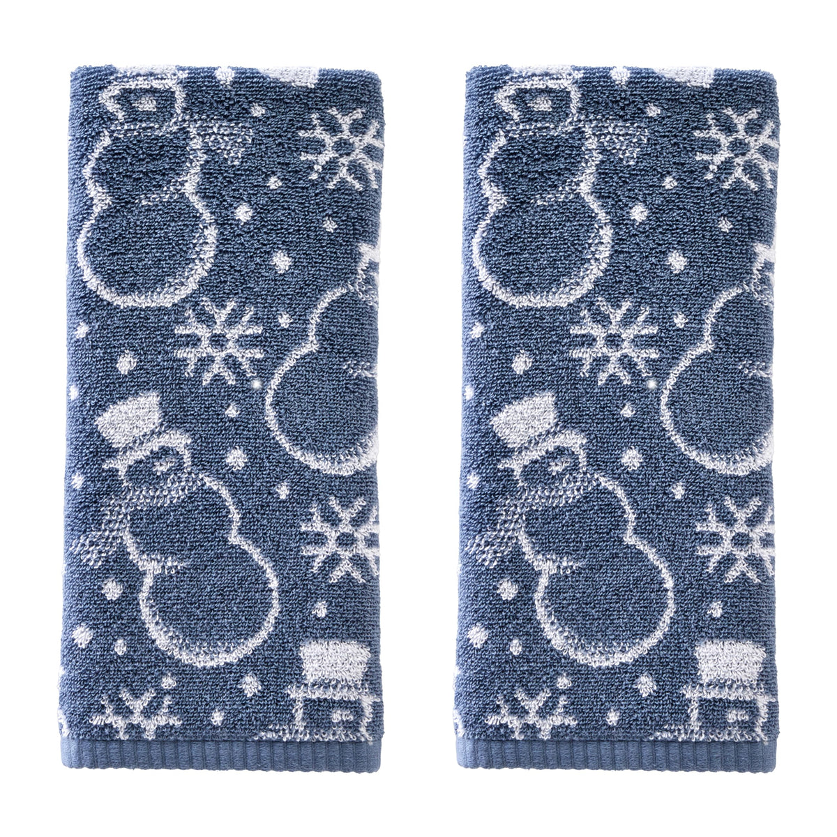 Skl Home Winter/Christmas Top Hat Snowmen Hand Towel 2Pc Set For Bath/Kitchen/Bar & Gift, Blue