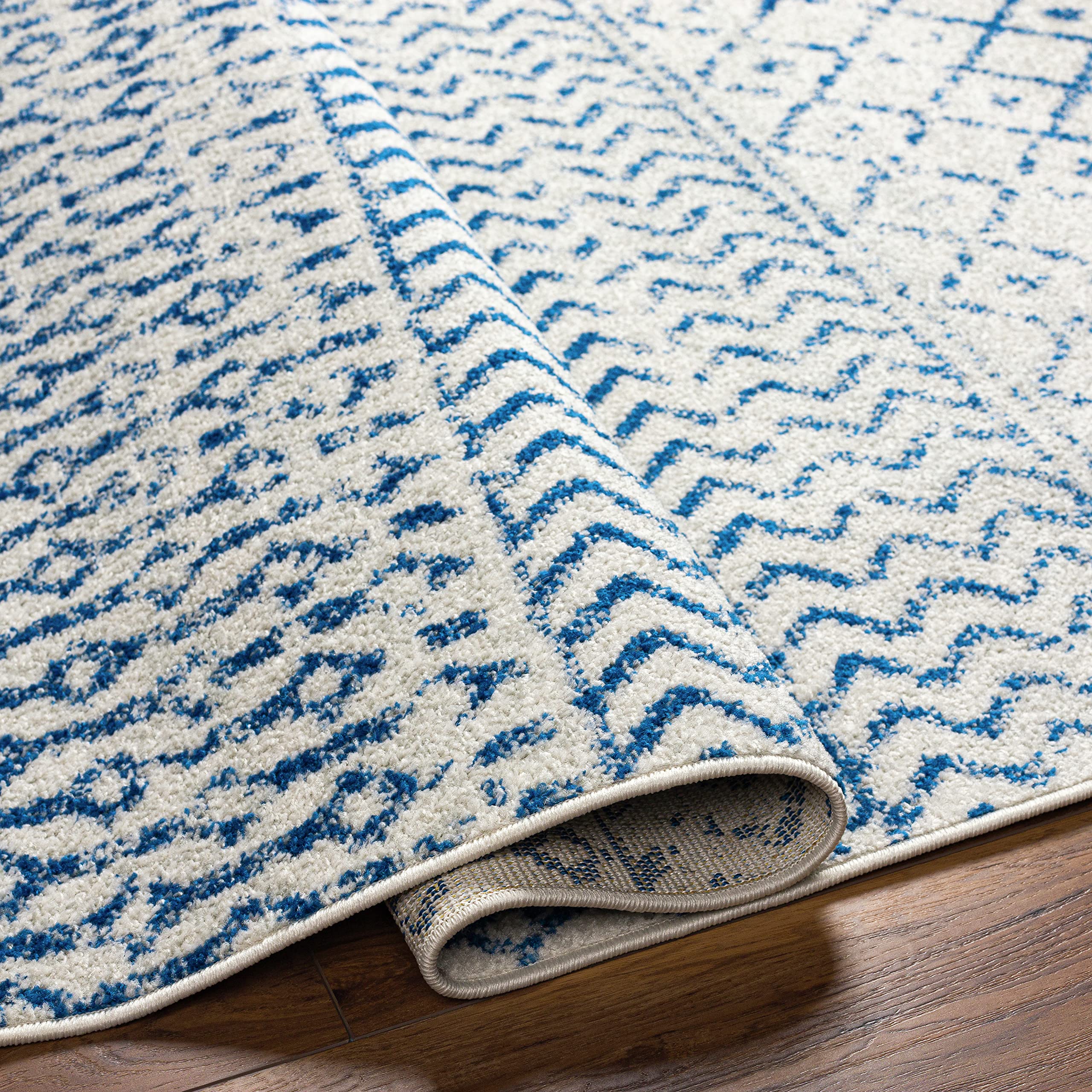 Livabliss Area Rugs - 4ft Round Chester Boho Moroccan Cream Rug for Living Room Bedroom - Blue Slate Gray Geometric Stain Resist