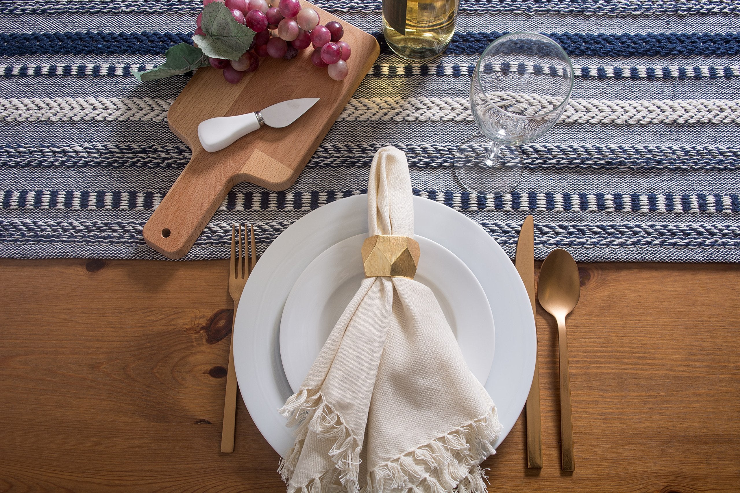 DII Farmhouse Braided Stripe Table Runner Collection  15x108 (15x113  Fringe Included)  Navy Blue