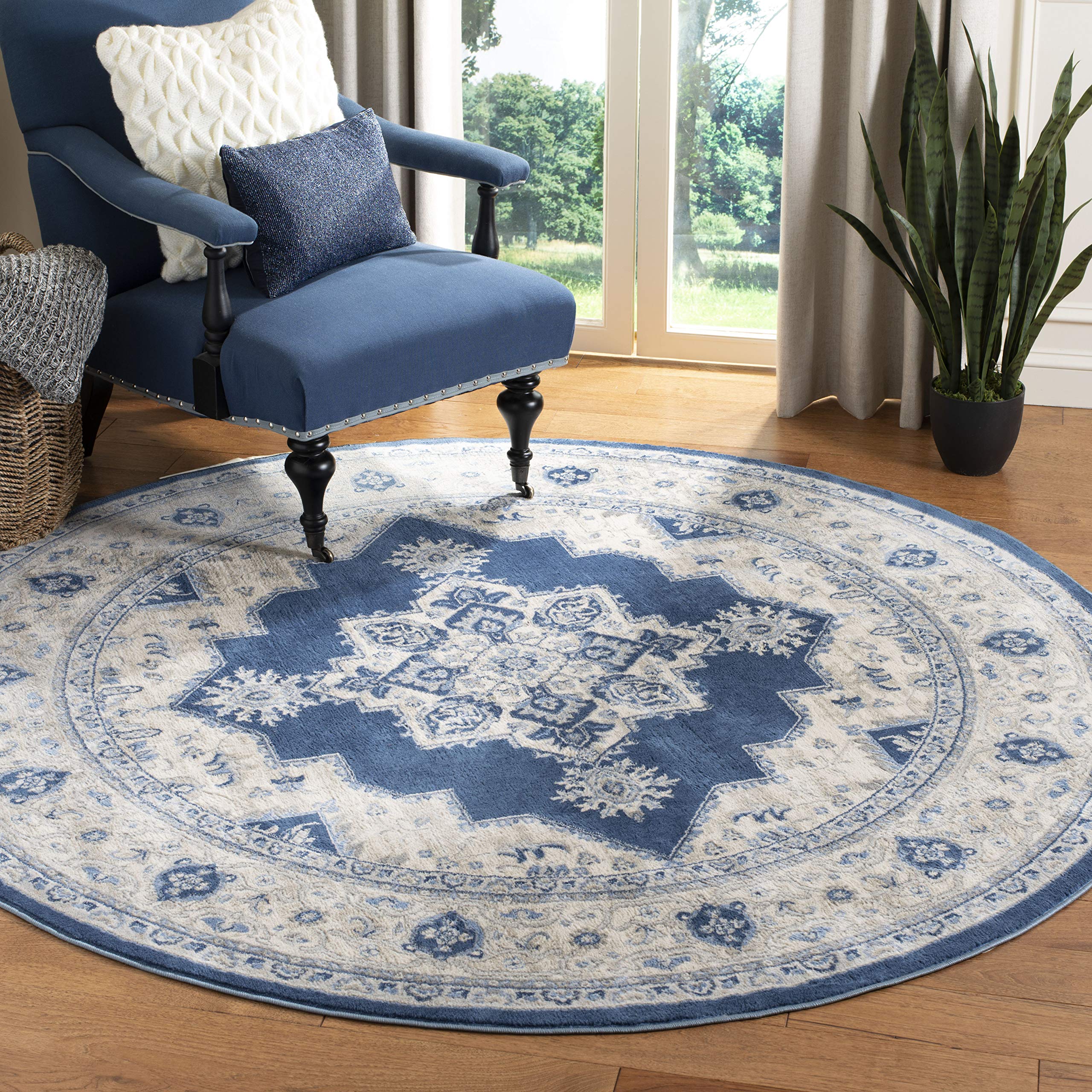 SAFAVIEH Brentwood Collection 3 Round Navy / Cream BNT865N Medallion Distressed Non-Shedding Dining Room Entryway Foyer Living 