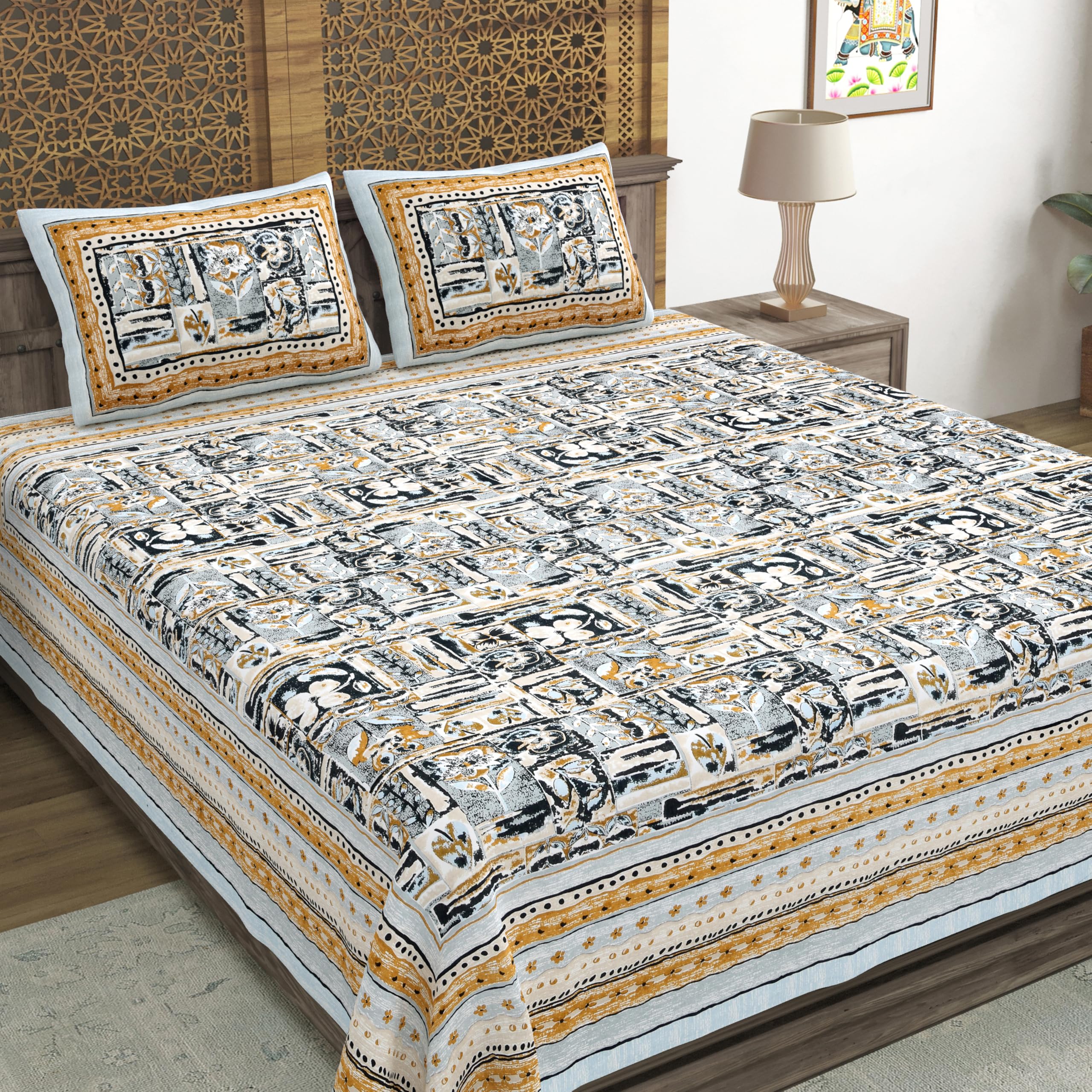 Blocks Of India Hand Block Printed 300 Tc Cotton Super King Size Bedsheet(106 X 106) (Brush Grey)