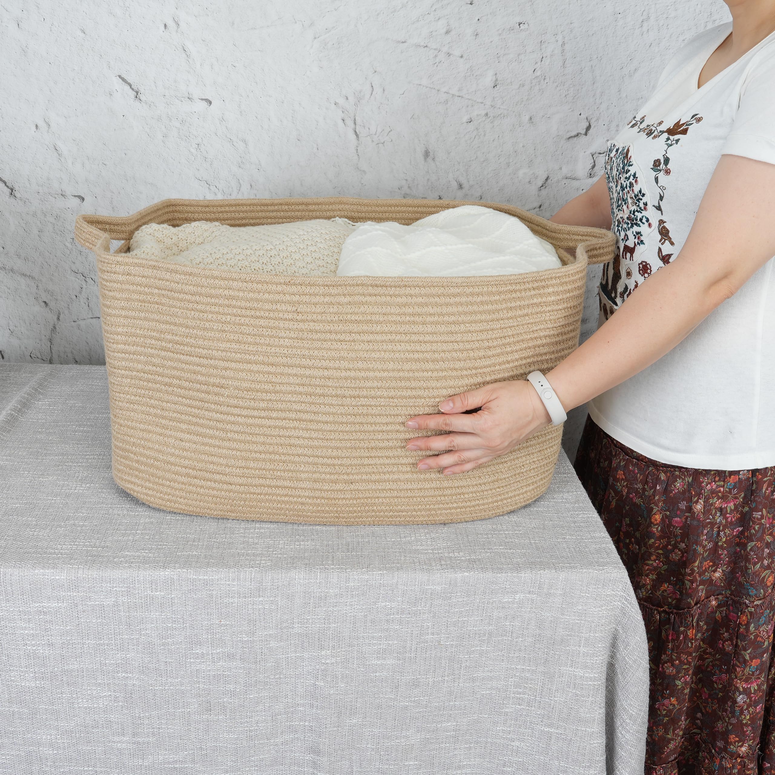 Xuanguo Large Rectangle Blankets Basket Living Room 22''X17''X12'' Woven Jute Rope Storage Basket For Nursery Toy Basket For Kid