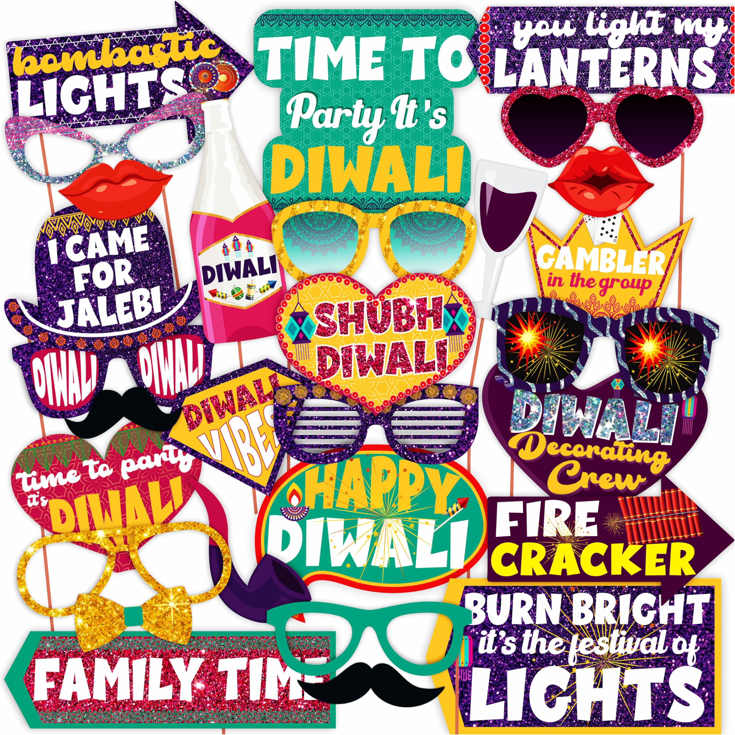 WOBBOX Diwali Decoration Happy Diwali Photo Booth Party Props, Yellow & Purple Colour, Diwali Decoration Item, Diwali Dcor Items