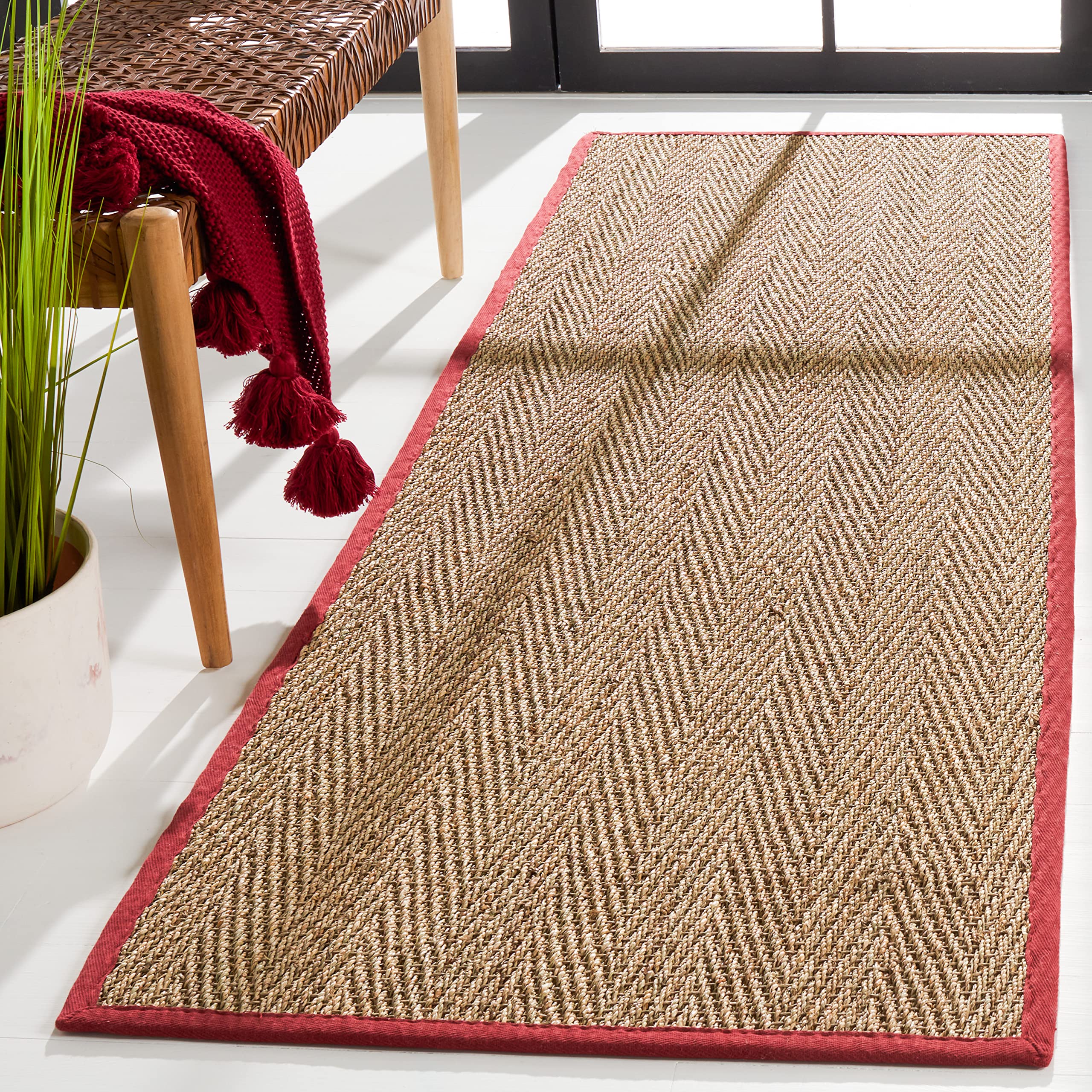 Safavieh Natural Fiber Collection Runner Rug - 26 x 8, Natural & Red, Border Herringbone Seagrass Design, Easy Care, Ideal for