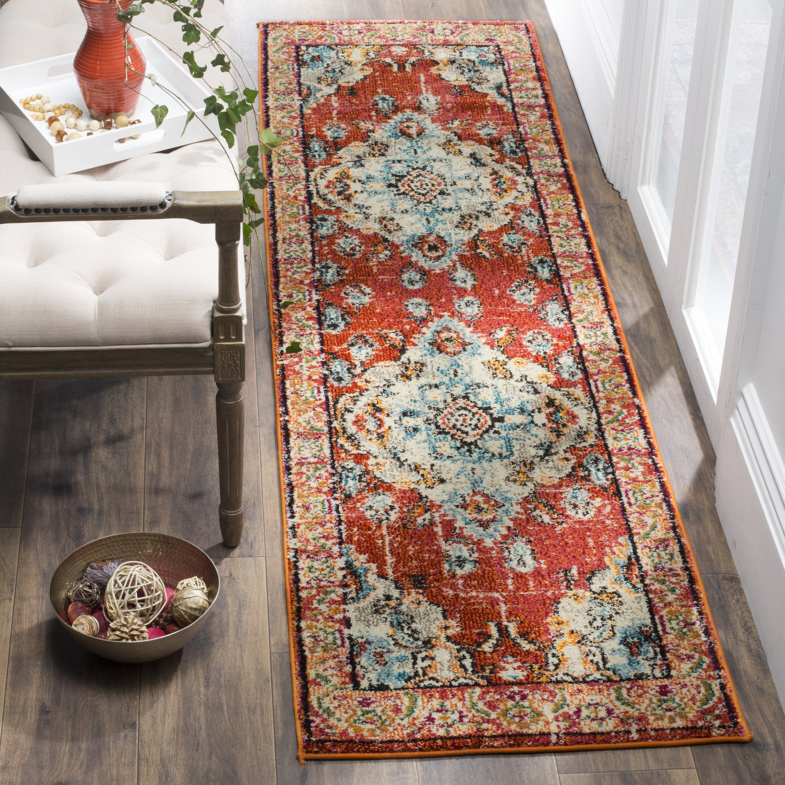 SAFAVIEH Monaco Collection Runner Rug - 22 x 22, Orange & Light Blue, Boho Chic Medallion Distressed Design, Non-Shedding & Ea