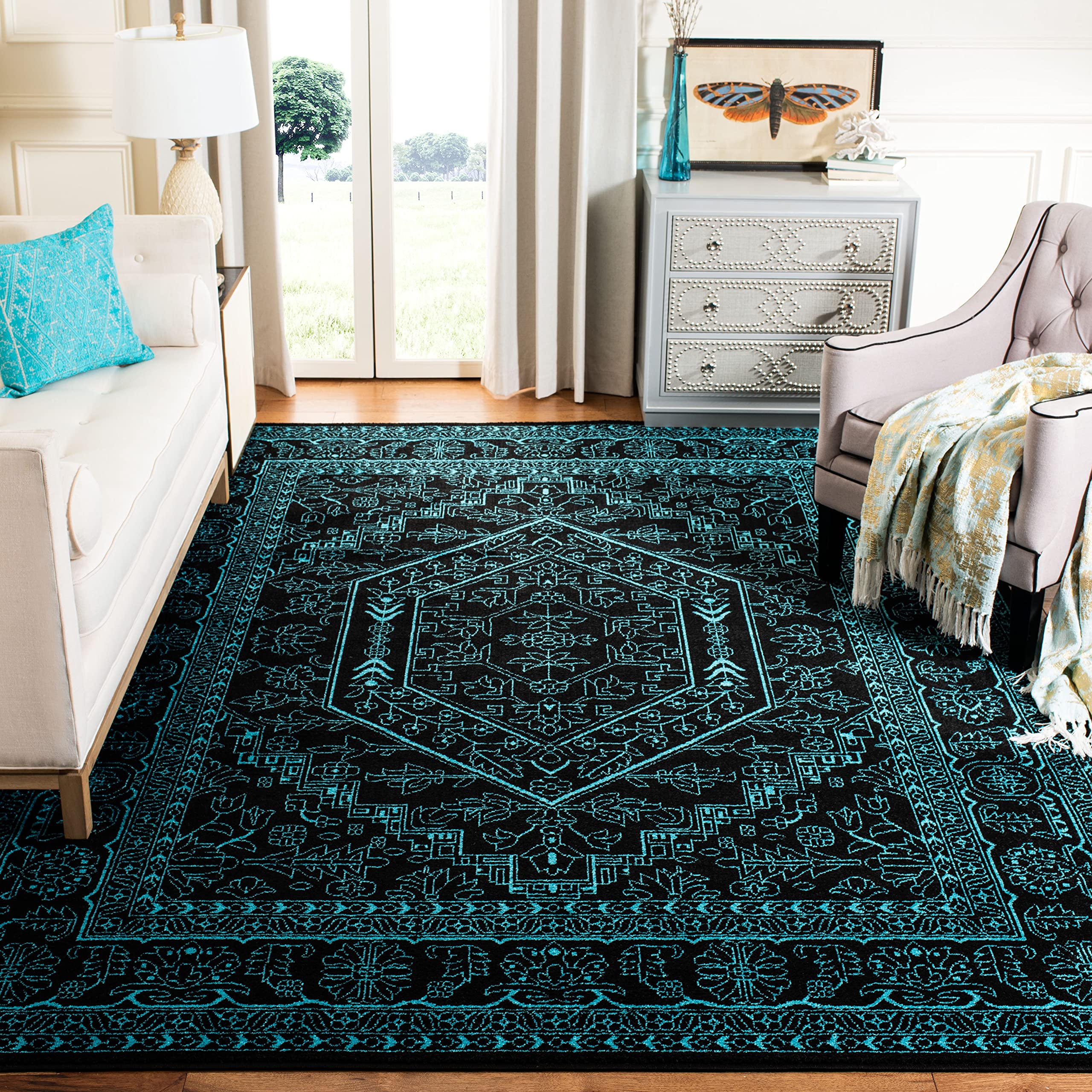 SAFAVIEH Adirondack Collection Area Rug - 51 x 76, Black & Teal, Oriental Medallion Design, Non-Shedding & Easy Care, Ideal fo
