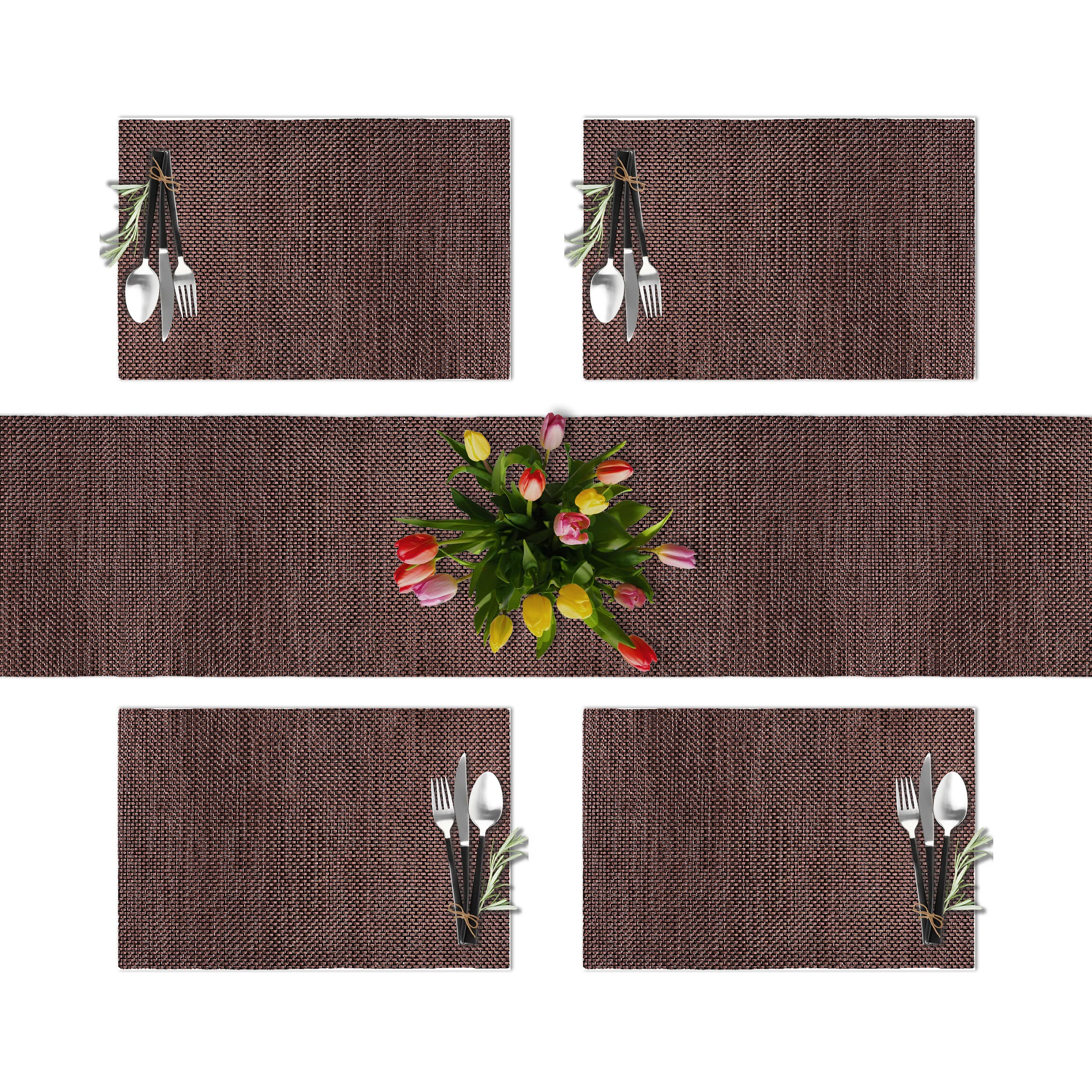Ck Home Basketweave Runner (72 '' X12 '') & 4 Placemats (18 '' X12 '') Set Of 5, Vinyl Table Mats For Indoor/Outdoor Washable &