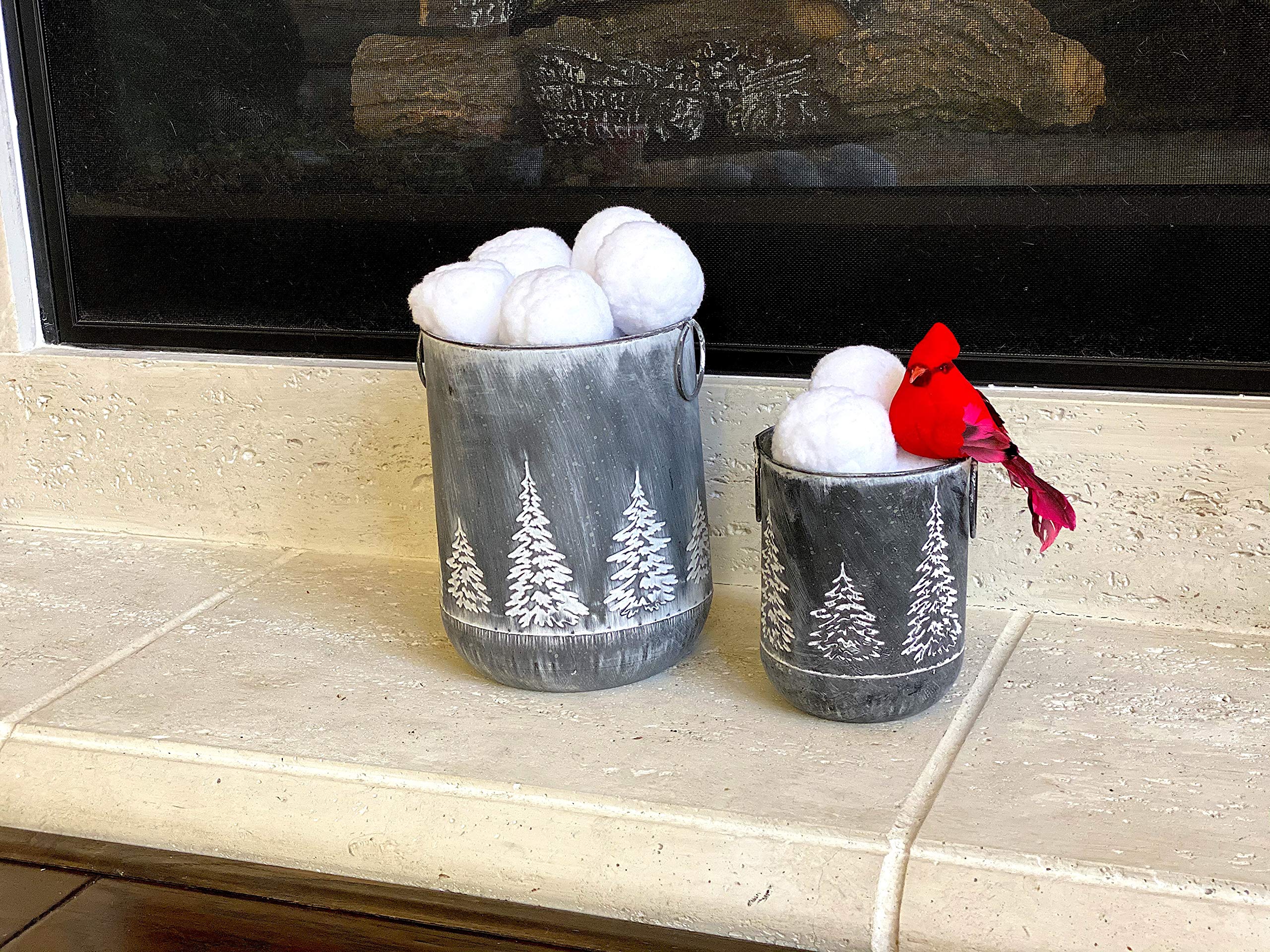 S/2 Winter Christmas Holiday Bucket Container Decor Organizer Silver Tin Metal W Embossed Trees 9'' & 6.5'' H