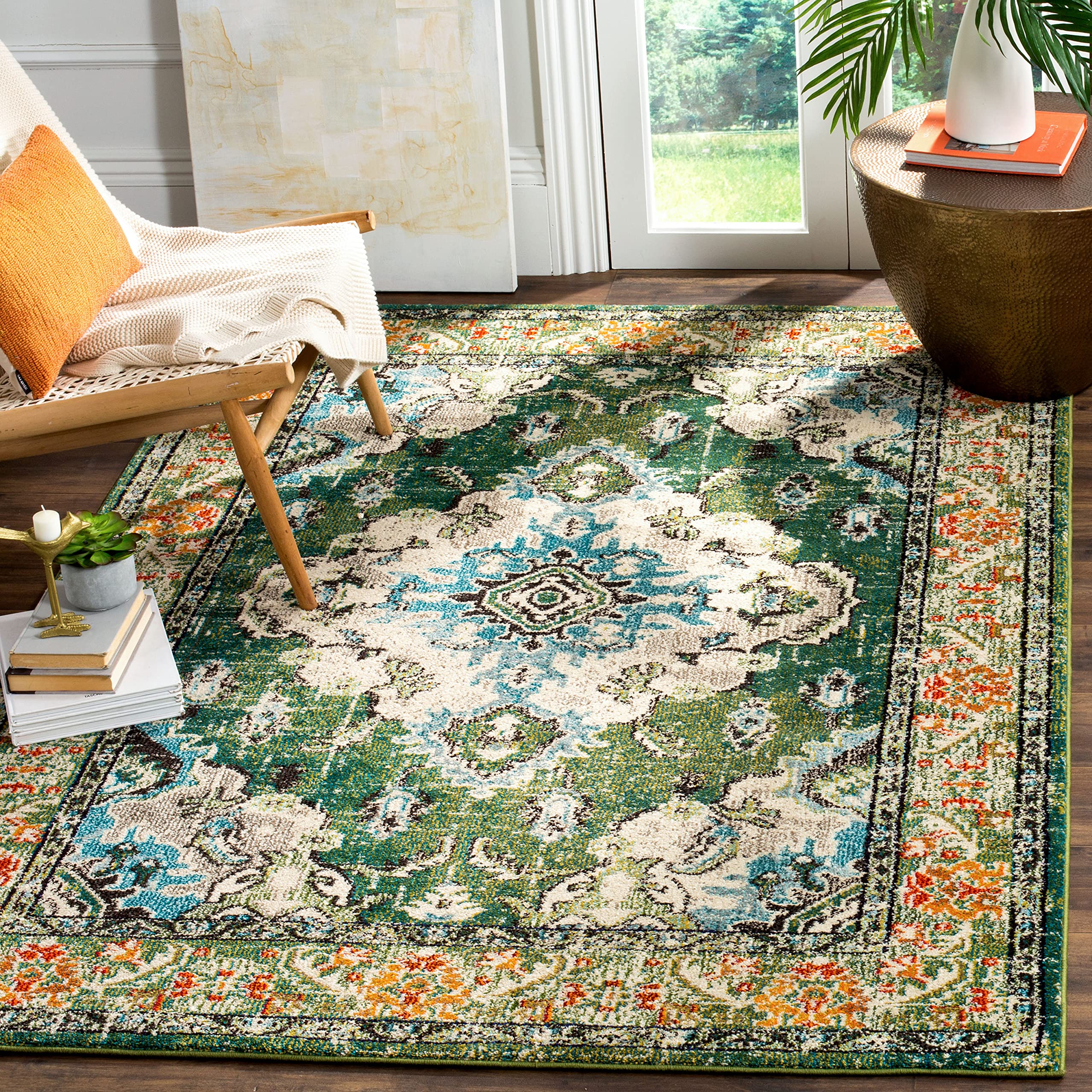 SAFAVIEH Monaco Collection 5 Square Forest Green/Light Blue MNC243F Boho Chic Medallion Distressed Non-Shedding Living Room Bed
