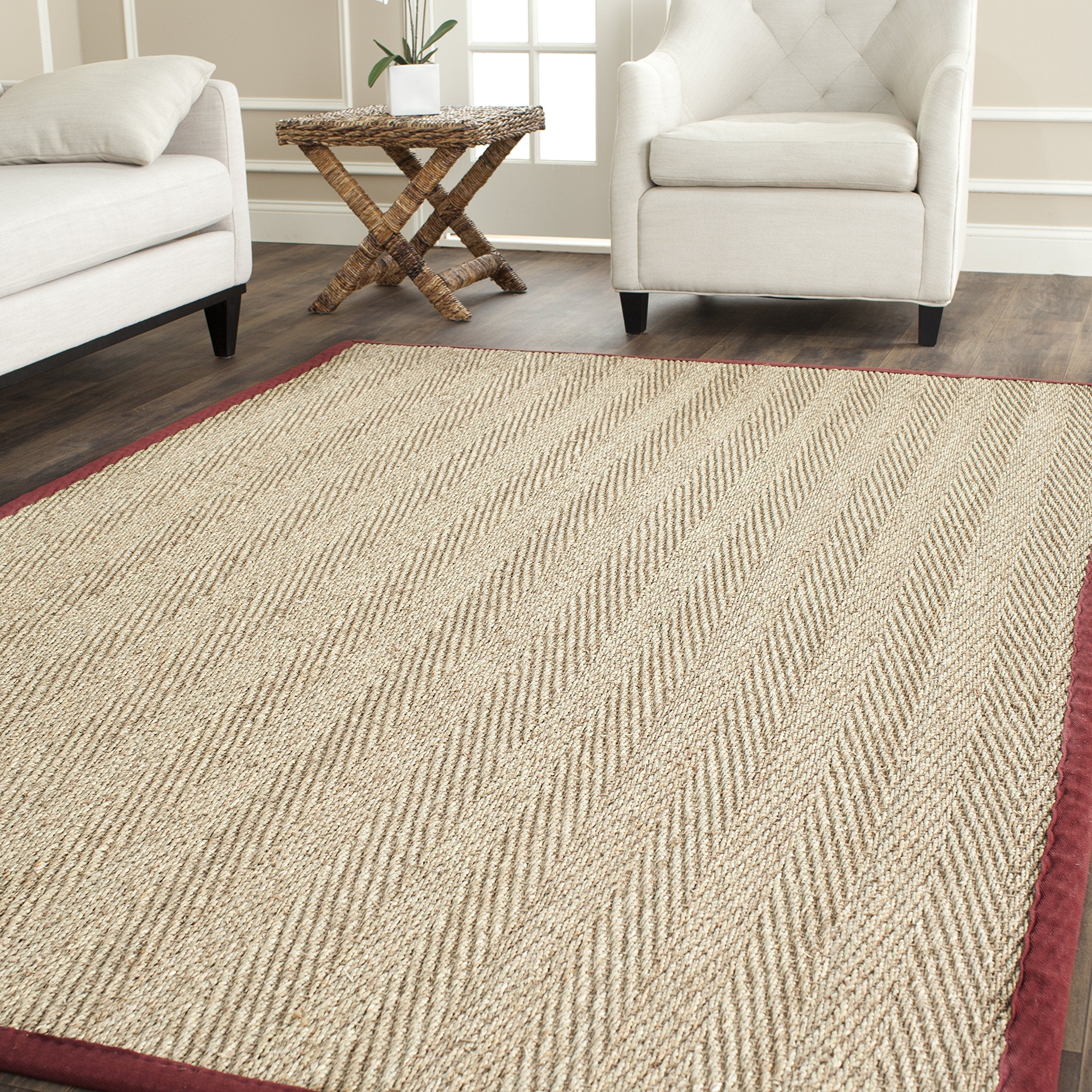 Safavieh Natural Fiber Collection Accent Rug - 3 x 5, Natural & Red, Border Herringbone Seagrass Design, Easy Care, Ideal for 