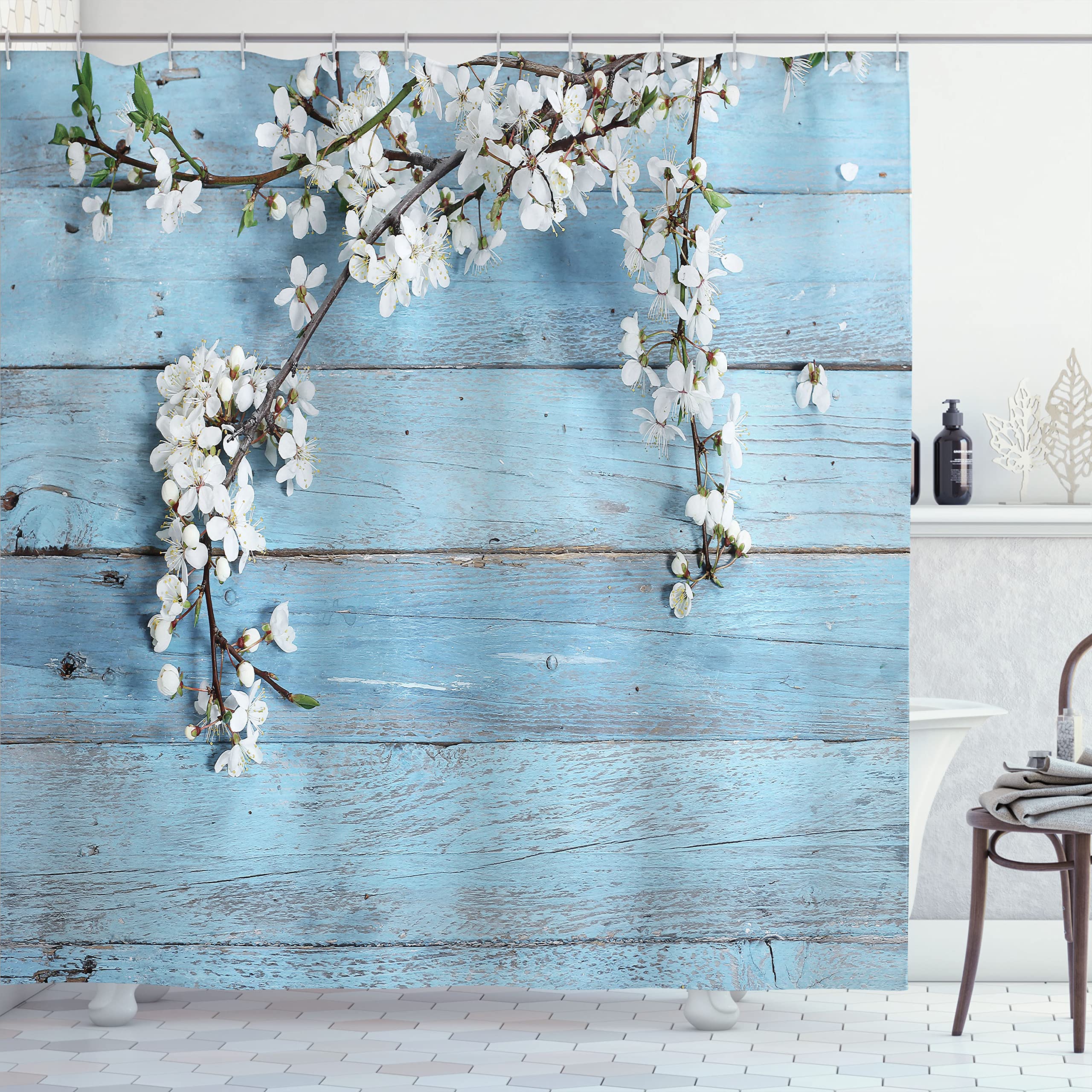 Ambesonne Rustic Shower Curtain, Branch Blooming Warm Season Flowers On Wooden Fragility Of Spring, Cloth Fabric Bathroom Decor