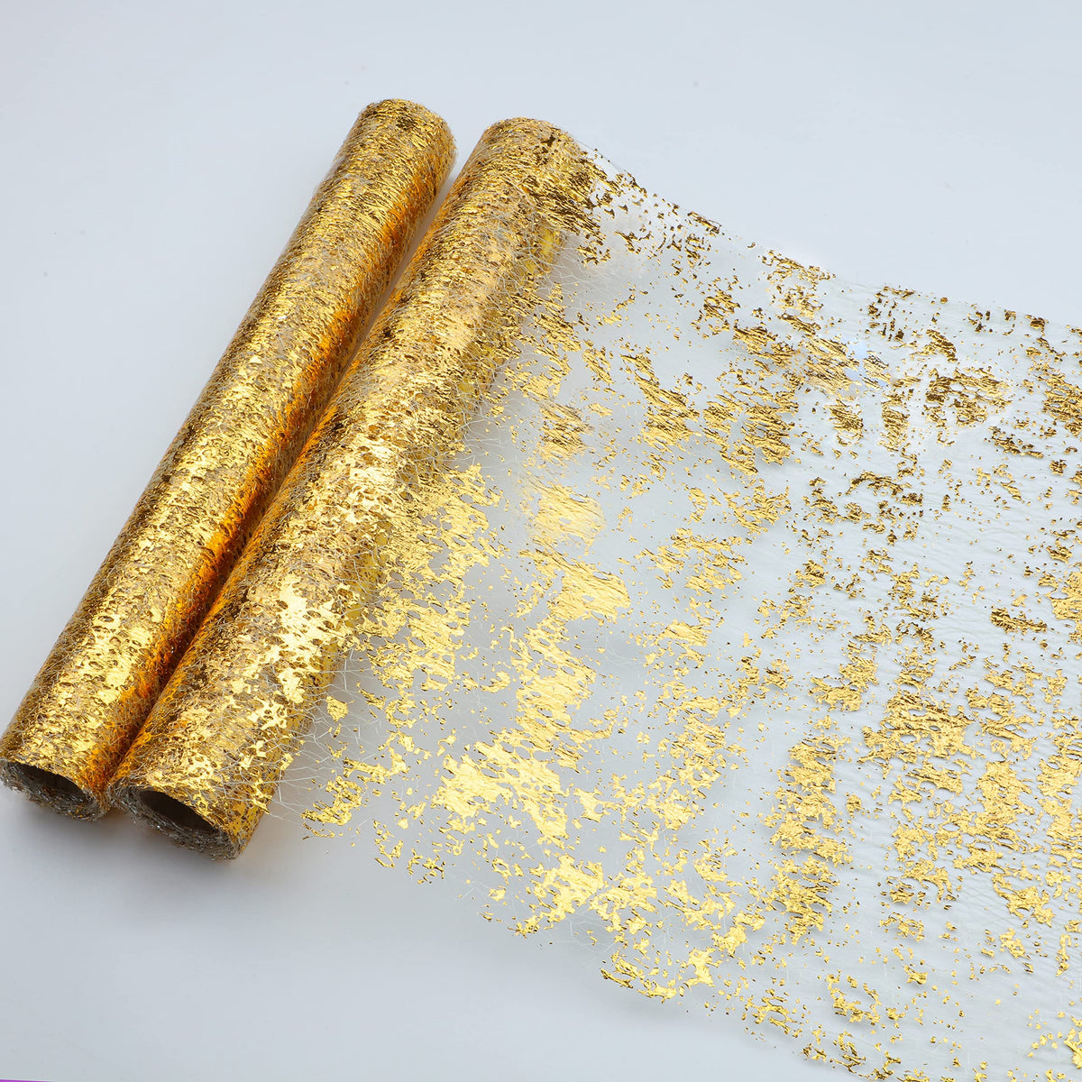 Snowkingdom 2 Pieces Gold Table Runner, Sequin Glitter Foil Metallic Gold Thin Mesh Table Runner Roll 11''X108'', Gold Table Dec